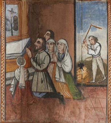 Zdjęcie nr 30: Prospekt organowy podwieszony przy północnej ścianie nawy, oparty na czterech filarach, dostępny z parapetu chóru. Balustrada drewniana z malowaną dekoracją; u spodu pas z ornamentem roślinnym; od frontu podzielona na trzynaście jednofiguralnych przedstawień w ramach, w formie wydłużonych, stojących prostokątów z przedstawieniami aniołów grających na instrumentach. Z boku na balustradzie dwie sceny w formie leżącego prostokąta ze św. Dawidem grającym na lirze i św. Cecylią grająca na organach, oddzielone pasem z dekoracją roślinną. 
Prospekt organowy architektoniczny, pięcioosiowy o bogatej dekoracji snycerskiej. Organy umieszczone na podstawie w kształcie leżącego prostokąta, dekorowanej dwiema płycinami z uszakami w narożach, z malowanymi przedstawieniami grających na instrumentach aniołów oraz z rzeźbionymi uskrzydlonymi główkami anielskimi w glorii pośrodku. Pod cokołem podwieszona dekoracja malarsko-rzeźbiarska nałożona na balustradę chóru. W centrum kompozycji malarskie przedstawienie trzech aniołów (jeden czyta księgę, a dwaj grają na instrumentach) w wieńcu laurowym. Poniżej, rzeźbiona uskrzydlona główka anielska, a całość ujęta ornamentem małżowinowo-chrząstkowym i zakończona u dołu szyszką. Prostokątna podstawa wspiera niski cokół, na którym ustawiona jest trójwieżyczkowa część główna. Środkowa, wyższa wieżyczka jest o przekroju półkolistym, a boczne kątowe o przekroju trójkątnym. Wieżyczki rozdzielają niższe prostokątne płyciny wypełnione piszczałkami. Pod wieżyczkami bocznymi podwieszone są złocone szyszki. Ażurowa dekoracja rzeźbiarska małżowino-chrząstkowa zdobi uszy organu, jest również umieszczona nad płycinami rozdzielającymi wieżyczki. Zwieńczenie tworzą na osiach bocznych strome szczyty, a pośrodku dwugłowy orzeł, na piersi którego w kartuszu w kształcie serca widnieją sygle „A[LBERTUS] B[INKOWICZ] / P[LEBANUS] O[RAVIENSIS]”. Piszczałki przysłaniają od góry ażurowe, rzeźbione firanki o motywie małżowinowo-chrząstkowym, a u dołu wąski pas dekoracji ornamentalnej z motywem silnie przestylizowanych lilii. Organy polichromowane na czarno, profilowania w kolorze czerwonym, zielonym i pomarańczowym, ornamentyka złocona i srebrzona. 



