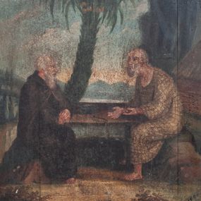 Zdjęcie nr 1: Feretron dwustronny, ustawiony na niskiej profilowanej podstawie z obrazami przedstawiającymi Pietę oraz Eliasza. Płótna ujęte są ramą w kształcie zbliżonym do stojącego prostokąta o fantazyjnym przebiegu. Rama od zewnątrz dekorowana wicią stylizowanego akantu, a po bokach i w zwieńczeniu uskrzydlonymi główkami anielskimi a także czterema kwiatkami. W dolnej części ramy otwory na drążki do noszenia i dwie stylizowane muszle. Po jednej stronie feretronu obraz przedstawiający Piętę. W centrum kompozycji Matka Boża ze zmarłym Chrystusem złożonym na jej kolanach, ukazani na wysokim prostopadłościennym podeście na tle krzyża z przewieszoną przez ramiona białą szarfą. Maria ustawiona frontalnie w pozycji siedzącej, z głową lekko skierowaną w prawo i w dół. Ubrana jest w długą, czerwoną suknię zdobioną perełkowaniem u szyi, granatowy płaszcz założony na głowę i koronę zamkniętą. Twarz owalna z  długim nosem, małymi i drobnymi ustami oraz przymkniętymi oczami ze wzrokiem skierowanym na Chrystusa; po jej policzkach spływają łzy. Chrystus widoczny z prawego półprofilu z prawą ręką opadającą bezwładnie w dół, lewą złożoną na biodrach. Twarz trójkątna z zamkniętymi oczami i otwartymi ustami, okolona krótką brodą i ciemnymi włosami. Chrystus ubrany jest w białe perizonium, na głowie ma założoną koronę cierniową. Całość ukazana jest na tle ciemnego krajobrazu, w górnej części ugrowe pochmurne niebo, wokół głów postaci promieniste nimby. Po drugiej stronie feretronu obraz przedstawiający proroka Eliasza w pustelni. W centrum kompozycji siedzi Eliasz z zakonnikiem przy kwadratowym stoliku na tle egzotycznego krajobrazu. Obaj mężczyźni o podobnych rysach twarzy z długimi i siwymi brodami. Eliasz ubrany jest w suknię ze skóry koźlęcia, a zakonnik w strój karmelity. Pomiędzy nimi stoi wysoka palma, nad którą wznosi się nadlatujący kruk z chlebem w dziobie. Na stoliku leżą różaniec i miska, u dołu obrazu tryska małe źródełko. Kolorystyka przytłumiona, brunatno-błękitna, o pojedynczych, intensywnych plamach barwnych.