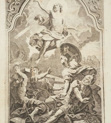 Zdjęcie nr 3: Okucia w kształcie częściowo ażurowych plakiet rozmieszczone na oprawie mszału wydanego w Wenecji w 1768 roku, na tle desek obciągniętych ciemnoczerwonym aksamitem. W narożach górnej i dolnej okładki trójkątne plakiety z motywami uskrzydlonych główek aniołów i ornamentem małżowinowym; przy krawędziach gładkie listwy łączące plakiety. Przy prawej krawędzi górnej okładziny i przy lewej krawędzi okładziny dolnej szyldziki zapięcia w formie bukietów kwiatów wyrastających z masek. Pośrodku okładzin rombowe plakiety z przedstawieniami – na górnej okładzinie Chrystus Salwator siedzący na obłokach, na dolnej Arma Christi; w narożach grzebienie ornamentu rocaille’owego (?) oraz motywy muszli i wolut. 