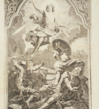 Zdjęcie nr 4: Okucia w kształcie częściowo ażurowych plakiet rozmieszczone na oprawie mszału wydanego w Wenecji w 1768 roku, na tle desek obciągniętych ciemnoczerwonym aksamitem. W narożach górnej i dolnej okładki trójkątne plakiety z motywami uskrzydlonych główek aniołów i ornamentem małżowinowym; przy krawędziach gładkie listwy łączące plakiety. Przy prawej krawędzi górnej okładziny i przy lewej krawędzi okładziny dolnej szyldziki zapięcia w formie bukietów kwiatów wyrastających z masek. Pośrodku okładzin rombowe plakiety z przedstawieniami – na górnej okładzinie Chrystus Salwator siedzący na obłokach, na dolnej Arma Christi; w narożach grzebienie ornamentu rocaille’owego (?) oraz motywy muszli i wolut. 