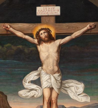 Zdjęcie nr 1: Obraz w kształcie stojącego prostokąta, kompozycja zamknięta łukiem półkolistym z przedstawieniem sceny Ukrzyżowania Chrystusa. W centrum Chrystus przybity do krzyża. Twarz szczupła, okolona krótką brodą, z delikatnie otwartymi ustami i oczami wzniesionymi ku górze. Włosy długie, falowane, opadają na plecy i prawe ramię. Na głowie ma założoną koronę cierniową, a wokół niej złoty i kolisty nimb. Perizonium białe, ciasno oplatające biodra z dwoma długimi końcami rozwianymi ekspresyjnie po bokach. Z dłoni i stóp przybitych do krzyża spływają strużki krwi. Nad głową Chrystusa wisi titulus w formie poziomej tabliczki z napisem: „IESVS / NAZARENVS / REX IVDAEORVM”. Po lewej stronie obrazu stoją: Matka Boska w czerwonej sukni, niebieskim płaszczu i białym welonie na głowie ze złożonymi dłońmi. Obok, po prawej stoi zwrócony ku niej św. Jan Ewangelista w zielonej sukni i czerwonym płaszczu. Z tyłu Maria, żona Kleofasa, ocierająca łzy chustą. Po prawej stronie obrazu, przy krzyżu klęczy św. Maria Magdalena ze splecionymi dłońmi, uniesionymi wysoko ku górze, ukazana z lewego profilu. Ubrana jest w różową suknię i żółty płaszcz. Ma bujne i złote włosy, opadające na plecy. Z tyłu po prawej stoi żołnierz w zbroi legionisty rzymskiego, a obok dwaj starcy z siwymi brodami, ubrani w płaszcze założone na głowę: jeden w kolorze zielonym, a drugi jasnobrązowym. Nad głowami świętych znajdują się delikatnie zarysowane złote i okrągłe nimby. W tle pejzaż górski i widok na Jerozolimę. U dołu obrazu, pośrodku leży czaszka i piszczel. U góry pochmurne niebo. Rama obrazu drewniana, wąska, malowana na brązowo.


