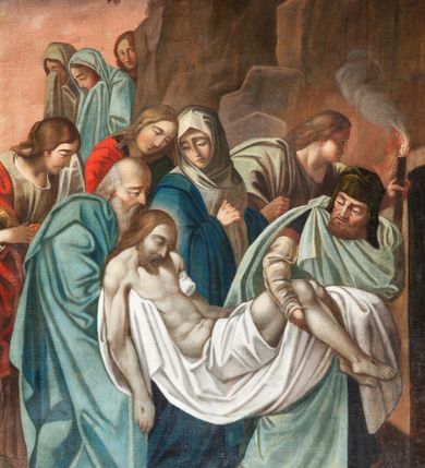 Zdjęcie nr 14: Stacje drogi krzyżowej zawieszone na ścianach bocznych nawy głównej. Obrazy w kształcie stojących prostokątów. W zwieńczeniu łaciński krzyżyk o rozszerzonych ramionach i dwie woluty. Sceny Męki Pańskiej umiejscowione w malowniczych sceneriach antycznego miasta. Chrystus przedstawiony w długiej czerwonej sukni i niebieskim płaszczu. Przedstawienia dynamiczne, barwy ciepłe i intensywne. Całość jasna, dobrze oświetlona, kolorystyka żywa z dominacją czerwieni i błękitu, plan dalszy rozmyty. Na pierwszej stacji u dołu sygnatura malowana na białej kartce: „A. Grzywiński / pinx! / Die 12 Juna 1847.” Na stacjach z Gologoty na titulusie napis: „JESUS NAZARENUS / REX JUDEAORUM.” Rama drewniana, profilowana, bejcowana.

