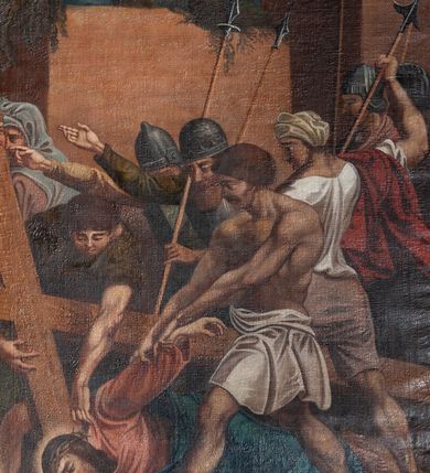 Zdjęcie nr 7: Stacje drogi krzyżowej zawieszone na ścianach bocznych nawy głównej. Obrazy w kształcie stojących prostokątów. W zwieńczeniu łaciński krzyżyk o rozszerzonych ramionach i dwie woluty. Sceny Męki Pańskiej umiejscowione w malowniczych sceneriach antycznego miasta. Chrystus przedstawiony w długiej czerwonej sukni i niebieskim płaszczu. Przedstawienia dynamiczne, barwy ciepłe i intensywne. Całość jasna, dobrze oświetlona, kolorystyka żywa z dominacją czerwieni i błękitu, plan dalszy rozmyty. Na pierwszej stacji u dołu sygnatura malowana na białej kartce: „A. Grzywiński / pinx! / Die 12 Juna 1847.” Na stacjach z Gologoty na titulusie napis: „JESUS NAZARENUS / REX JUDEAORUM.” Rama drewniana, profilowana, bejcowana.

