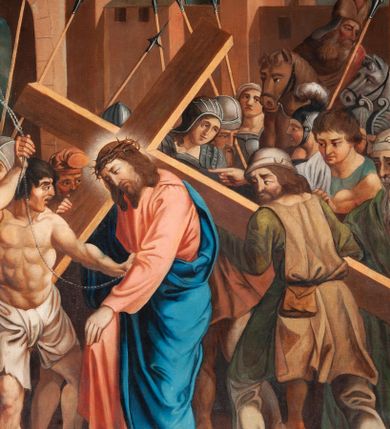 Zdjęcie nr 5: Stacje drogi krzyżowej zawieszone na ścianach bocznych nawy głównej. Obrazy w kształcie stojących prostokątów. W zwieńczeniu łaciński krzyżyk o rozszerzonych ramionach i dwie woluty. Sceny Męki Pańskiej umiejscowione w malowniczych sceneriach antycznego miasta. Chrystus przedstawiony w długiej czerwonej sukni i niebieskim płaszczu. Przedstawienia dynamiczne, barwy ciepłe i intensywne. Całość jasna, dobrze oświetlona, kolorystyka żywa z dominacją czerwieni i błękitu, plan dalszy rozmyty. Na pierwszej stacji u dołu sygnatura malowana na białej kartce: „A. Grzywiński / pinx! / Die 12 Juna 1847.” Na stacjach z Gologoty na titulusie napis: „JESUS NAZARENUS / REX JUDEAORUM.” Rama drewniana, profilowana, bejcowana.

