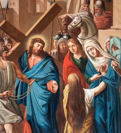 Zdjęcie nr 8: Stacje drogi krzyżowej zawieszone na ścianach bocznych nawy głównej. Obrazy w kształcie stojących prostokątów. W zwieńczeniu łaciński krzyżyk o rozszerzonych ramionach i dwie woluty. Sceny Męki Pańskiej umiejscowione w malowniczych sceneriach antycznego miasta. Chrystus przedstawiony w długiej czerwonej sukni i niebieskim płaszczu. Przedstawienia dynamiczne, barwy ciepłe i intensywne. Całość jasna, dobrze oświetlona, kolorystyka żywa z dominacją czerwieni i błękitu, plan dalszy rozmyty. Na pierwszej stacji u dołu sygnatura malowana na białej kartce: „A. Grzywiński / pinx! / Die 12 Juna 1847.” Na stacjach z Gologoty na titulusie napis: „JESUS NAZARENUS / REX JUDEAORUM.” Rama drewniana, profilowana, bejcowana.

