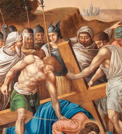 Zdjęcie nr 3: Stacje drogi krzyżowej zawieszone na ścianach bocznych nawy głównej. Obrazy w kształcie stojących prostokątów. W zwieńczeniu łaciński krzyżyk o rozszerzonych ramionach i dwie woluty. Sceny Męki Pańskiej umiejscowione w malowniczych sceneriach antycznego miasta. Chrystus przedstawiony w długiej czerwonej sukni i niebieskim płaszczu. Przedstawienia dynamiczne, barwy ciepłe i intensywne. Całość jasna, dobrze oświetlona, kolorystyka żywa z dominacją czerwieni i błękitu, plan dalszy rozmyty. Na pierwszej stacji u dołu sygnatura malowana na białej kartce: „A. Grzywiński / pinx! / Die 12 Juna 1847.” Na stacjach z Gologoty na titulusie napis: „JESUS NAZARENUS / REX JUDEAORUM.” Rama drewniana, profilowana, bejcowana.

