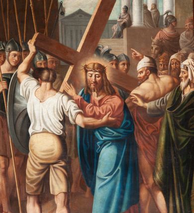 Zdjęcie nr 2: Stacje drogi krzyżowej zawieszone na ścianach bocznych nawy głównej. Obrazy w kształcie stojących prostokątów. W zwieńczeniu łaciński krzyżyk o rozszerzonych ramionach i dwie woluty. Sceny Męki Pańskiej umiejscowione w malowniczych sceneriach antycznego miasta. Chrystus przedstawiony w długiej czerwonej sukni i niebieskim płaszczu. Przedstawienia dynamiczne, barwy ciepłe i intensywne. Całość jasna, dobrze oświetlona, kolorystyka żywa z dominacją czerwieni i błękitu, plan dalszy rozmyty. Na pierwszej stacji u dołu sygnatura malowana na białej kartce: „A. Grzywiński / pinx! / Die 12 Juna 1847.” Na stacjach z Gologoty na titulusie napis: „JESUS NAZARENUS / REX JUDEAORUM.” Rama drewniana, profilowana, bejcowana.

