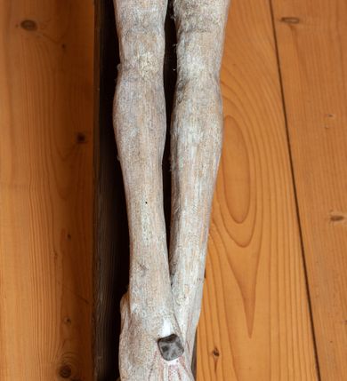 Zdjęcie nr 7: Chrystus ukazany w typie Cristo morte. Ciało przybite do prostego, drewnianego krzyża trzema gwoździami. Chrystus z szeroko rozpostartymi ramionami tworzącymi niemal linię prostą. Głowa przechylona nieznacznie w kierunku prawego barku. Ukazana w cierniowej koronie, spod której sączą się strużki krwi – nieproporcjonalnie duża w stosunku do wychudzonego ciała postaci. Twarz prostokątna z dużymi, zamkniętymi oczami, wydatnym nosem oraz ciemnym zarostem. Włosy długie, spływające na ramiona i plecy postaci w dwóch spiralnie skręconych puklach. Ciało Chrystusa szczupłe o wysmukłych proporcjach, bez wyraźnie zaznaczonej muskulatury. Dłonie, przebite gwoździami zamykają się lekko na wydatnych główkach gwoździ. Po przedramionach spływają cienkie stróżki krwi. Stopy duże, przebite jednym gwoździem. Na prawym boku postaci widoczna krwawiąca rana. Perizonium krótkie, srebrzone, o ostro łamiącej się draperii. Nad głową Chrystusa titulus ze złoconym napisem „INRI” wykonanym gotycką minuskułą.