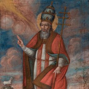 Zdjęcie nr 1: Obraz w kształcie pionowego prostokąta. W centrum kompozycji, na pierwszym planie ukazany w całej postaci św. Klemens w trzech czwartych zwrócony w lewo. Przedstawiony jako dojrzały mężczyzna z długą, siwą brodą i wąsami. Oczy duże, ciemne, nos długi i prosty, usta wydatne. Na głowie świętego znajduje się złota tiara zwieńczona krzyżem; wokół głowy nimb. Postać ubrana w albę wykończoną koronką oraz obszerną, czerwoną kapę podbitą niebieską tkaniną i obszytą szeroką, złotą bordiurą. Wokół szyi stuła. Święty w lewej ręce trzyma zakończony krzyżem pastorał papieski (ferulę), prawą rękę unosi w geście błogosławieństwa. W lewym górnym rogu kompozycji obłoki oraz promień światła skierowany na postać świętego. Na dalszym planie widoczny rozległy, skalisty pejzaż. Z lewej strony obrazu przedstawiony biały baranek stojący na skale, z której wytryskuje woda. Poniżej grupa klęczących postaci, wśród których znajduje się św. Klemens w stroju analogicznym do opisanego powyżej. W prawym dolnym narożu kompozycji sygnatura „A(nno) D(omi)ni. 1741”. Kolorystyka obrazu ciepła z przewagą brązów, żółci i czerwieni.
