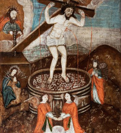 Zdjęcie nr 1: Obraz w kształcie stojącego prostokąta ujęty granatową, profilowaną ramą zdobioną malowanymi, białymi ornamentami w formie wici roślinnej i rozetek. Kompozycja wielopostaciowa umiejscowiona na tle rozległego, górzystego pejzażu. W centrum przedstawiony w całej postaci Chrystus stojący w okrągłej kadzi z owocami winogron. Jezus zwrócony jest w trzech czwartych w prawo i pochylony w dół. Na swoich barkach podtrzymuje rękoma krzyż, pod ciężarem którego pochyla plecy i ugina kolana. Tors postaci odsłonięty z zaznaczoną muskulaturą. Karnacja jasna, blada. Biodra przepasane krótkim, białym perizonium. Na głowie Chrystusa widoczna korona cierniowa. Nieco powyżej, gołębica Ducha Świętego w otoczeniu glorii promienistej i białych obłoków. Rana na boku oraz rany na dłoniach i stopach Chrystusa obficie krwawią. Strumienie krwi spływają do wnętrza kadzi, w której stoi postać. Z lewej strony kompozycji przedstawiony Bóg Ojciec otoczony obłokami. Postać ukazana w ujęciu do pasa, zwrócona w trzech czwartych w prawo. Włosy i broda długie, ciemnobrązowe. Postać ubrana w niebieską szatę oraz czerwony płaszcz pochyla się nieco do przodu, wyciągając ręce przed siebie w kierunku mechanizmu tłoczni (prasy). Nieco poniżej przedstawiona klęcząca Maria zwrócona w trzech czwartych w prawo. Maria składa ręce w geście modlitwy, jej pierś przebita jest siedmioma mieczami, ubrana jest w brązowo-żółtą szatę oraz ciemnoniebieski płaszcz. Z prawej strony kompozycji ukazana postać mężczyzny trzymającego na plecach kosz wypełniony winnymi gronami ubranego w niebieską szatę i czerwony płaszcz. Na pierwszym planie, przed kadzią z winogronami dwa klęczące naprzeciw siebie anioły podtrzymujące kielich, do którego spływa sok z winnych gron pomieszany z krwią Chrystusa. Anioły ubrane w białe szaty oraz czerwone płaszcze podbite zieloną tkaniną. Kolorystyka obrazu jest ciepła, raczej ciemna z dominacją brązów w partii pejzażu.





