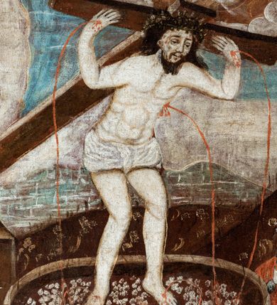 Zdjęcie nr 8: Obraz w kształcie stojącego prostokąta ujęty granatową, profilowaną ramą zdobioną malowanymi, białymi ornamentami w formie wici roślinnej i rozetek. Kompozycja wielopostaciowa umiejscowiona na tle rozległego, górzystego pejzażu. W centrum przedstawiony w całej postaci Chrystus stojący w okrągłej kadzi z owocami winogron. Jezus zwrócony jest w trzech czwartych w prawo i pochylony w dół. Na swoich barkach podtrzymuje rękoma krzyż, pod ciężarem którego pochyla plecy i ugina kolana. Tors postaci odsłonięty z zaznaczoną muskulaturą. Karnacja jasna, blada. Biodra przepasane krótkim, białym perizonium. Na głowie Chrystusa widoczna korona cierniowa. Nieco powyżej, gołębica Ducha Świętego w otoczeniu glorii promienistej i białych obłoków. Rana na boku oraz rany na dłoniach i stopach Chrystusa obficie krwawią. Strumienie krwi spływają do wnętrza kadzi, w której stoi postać. Z lewej strony kompozycji przedstawiony Bóg Ojciec otoczony obłokami. Postać ukazana w ujęciu do pasa, zwrócona w trzech czwartych w prawo. Włosy i broda długie, ciemnobrązowe. Postać ubrana w niebieską szatę oraz czerwony płaszcz pochyla się nieco do przodu, wyciągając ręce przed siebie w kierunku mechanizmu tłoczni (prasy). Nieco poniżej przedstawiona klęcząca Maria zwrócona w trzech czwartych w prawo. Maria składa ręce w geście modlitwy, jej pierś przebita jest siedmioma mieczami, ubrana jest w brązowo-żółtą szatę oraz ciemnoniebieski płaszcz. Z prawej strony kompozycji ukazana postać mężczyzny trzymającego na plecach kosz wypełniony winnymi gronami ubranego w niebieską szatę i czerwony płaszcz. Na pierwszym planie, przed kadzią z winogronami dwa klęczące naprzeciw siebie anioły podtrzymujące kielich, do którego spływa sok z winnych gron pomieszany z krwią Chrystusa. Anioły ubrane w białe szaty oraz czerwone płaszcze podbite zieloną tkaniną. Kolorystyka obrazu jest ciepła, raczej ciemna z dominacją brązów w partii pejzażu.





