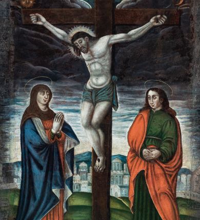 Zdjęcie nr 4: Obraz w kształcie stojącego prostokąta, przedstawia ukrzyżowanego Chrystusa oraz Matkę Boską i św. Jana stojących pod krzyżem na tle widoku Jerozolimy. W centrum kompozycji ukazany Chrystus przybity do krzyża trzema gwoździami. Ramiona postaci szeroko rozpostarte, ciało zwrócone w trzech czwartych w prawo, w kierunku stojącej pod krzyżem Matki Boskiej, kolana ugięte. Głowa Jezusa pochylona do dołu, oczy zamknięte. Twarz szczupła z wydatnym podbródkiem, nos długi, prosty, usta małe. Ciemne włosy opadające na ramiona, wokół głowy świetlisty nimb. Ciało ukrzyżowanego z widocznie zaznaczoną muskulaturą, karnacja blada. Biodra Chrystusa przepasane niebieskim perizonium udrapowanym na lewym boku postaci. Nad głową Chrystusa titulus z inskrypcją I.N.R.I. Ponad prawym ramieniem poprzecznej belki krzyża namalowane słońce, ponad lewym sierp księżyca. U podnóża krzyża, po lewej stronie czaszka ze skrzyżowanymi piszczelami. Z lewej strony krzyża przedstawiona Matka Boska w trzech czwartych zwrócona w prawo w kierunku krzyża. Twarz postaci okrągła, nos długi, wydatny, usta małe. Wzrok skierowany na Chrystusa. Ręce złożone w geście modlitwy. Matka Boska ubrana jest w długą, czerwoną suknię, okryta jest obszernym, granatowym płaszczem z białym podbiciem. Spod sukni widoczne czubki białych pantofli. Głowa Marii nakryta brązowym welonem, powyżej nimb w formie złotego okręgu. Przedstawiony z prawej strony krzyża św. Jan Ewangelista w trzech czwartych zwrócony jest w lewo. Został ukazany jako młody mężczyzna w ciemnozielonej, długiej sukni oraz czerwonym płaszczu. Twarz świętego owalna, oczy osadzone blisko siebie, nos wydatny, usta małe. Długie, ciemne włosy opadają na plecy. Ponad głową świętego nimb w formie złotego okręgu. W tle przedstawiony rozległy pejzaż z widokiem Jerozolimy. W górnej części kompozycji ponad ukrzyżowanym Chrystusem napis „OMNES QVI TRANSITIS PER VIAM ATTENDITE ET VIDE/TE SI EST DO[LO]R SICUT DOLOR MEVS QV[ONI]AM VINDENIAVIT ME / [DOMINVS IN DIE IRE FURORIS SUI]&quot;. W dolnej części kompozycji pod krzyżem ukazana w mniejszej skali klęcząca podstać adoranta ubranego w białą komżę, czaszka oraz napis „O CRUX AVE SPES VNICA TITULUS TR/IVMPHAMS DE(FE)NDAT NOS AB OMN/IBVS MALIS”. Obraz ujęty jest drewnianą, profilowaną ramą.