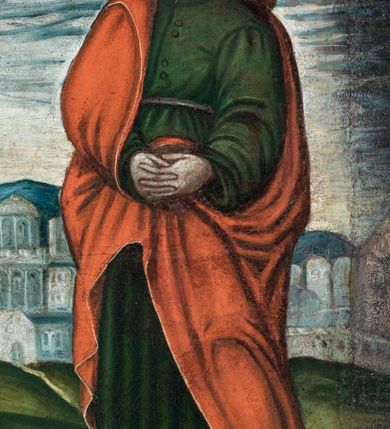 Zdjęcie nr 8: Obraz w kształcie stojącego prostokąta, przedstawia ukrzyżowanego Chrystusa oraz Matkę Boską i św. Jana stojących pod krzyżem na tle widoku Jerozolimy. W centrum kompozycji ukazany Chrystus przybity do krzyża trzema gwoździami. Ramiona postaci szeroko rozpostarte, ciało zwrócone w trzech czwartych w prawo, w kierunku stojącej pod krzyżem Matki Boskiej, kolana ugięte. Głowa Jezusa pochylona do dołu, oczy zamknięte. Twarz szczupła z wydatnym podbródkiem, nos długi, prosty, usta małe. Ciemne włosy opadające na ramiona, wokół głowy świetlisty nimb. Ciało ukrzyżowanego z widocznie zaznaczoną muskulaturą, karnacja blada. Biodra Chrystusa przepasane niebieskim perizonium udrapowanym na lewym boku postaci. Nad głową Chrystusa titulus z inskrypcją I.N.R.I. Ponad prawym ramieniem poprzecznej belki krzyża namalowane słońce, ponad lewym sierp księżyca. U podnóża krzyża, po lewej stronie czaszka ze skrzyżowanymi piszczelami. Z lewej strony krzyża przedstawiona Matka Boska w trzech czwartych zwrócona w prawo w kierunku krzyża. Twarz postaci okrągła, nos długi, wydatny, usta małe. Wzrok skierowany na Chrystusa. Ręce złożone w geście modlitwy. Matka Boska ubrana jest w długą, czerwoną suknię, okryta jest obszernym, granatowym płaszczem z białym podbiciem. Spod sukni widoczne czubki białych pantofli. Głowa Marii nakryta brązowym welonem, powyżej nimb w formie złotego okręgu. Przedstawiony z prawej strony krzyża św. Jan Ewangelista w trzech czwartych zwrócony jest w lewo. Został ukazany jako młody mężczyzna w ciemnozielonej, długiej sukni oraz czerwonym płaszczu. Twarz świętego owalna, oczy osadzone blisko siebie, nos wydatny, usta małe. Długie, ciemne włosy opadają na plecy. Ponad głową świętego nimb w formie złotego okręgu. W tle przedstawiony rozległy pejzaż z widokiem Jerozolimy. W górnej części kompozycji ponad ukrzyżowanym Chrystusem napis „OMNES QVI TRANSITIS PER VIAM ATTENDITE ET VIDE/TE SI EST DO[LO]R SICUT DOLOR MEVS QV[ONI]AM VINDENIAVIT ME / [DOMINVS IN DIE IRE FURORIS SUI]". W dolnej części kompozycji pod krzyżem ukazana w mniejszej skali klęcząca podstać adoranta ubranego w białą komżę, czaszka oraz napis „O CRUX AVE SPES VNICA TITULUS TR/IVMPHAMS DE(FE)NDAT NOS AB OMN/IBVS MALIS”. Obraz ujęty jest drewnianą, profilowaną ramą.