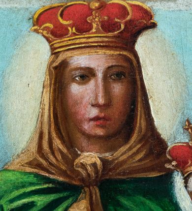 Zdjęcie nr 6: Feretron dwustronny z obrazami w kształcie stojącego prostokąta ujętymi profilowaną ramą, złoconą i malowaną w odcieniach błękitu, brązu, srebra i beżu; ustawiony na prostopadłościennym, profilowanym postumencie mieszczącym otwory na drążki. Zwieńczenie feretronu w formie trójkątnego przyczółka od góry zaakcentowanego złoconym krzyżem; ujęte pinaklami ze złoconymi żabkami na krawędziach. W polu zwieńczenia połączone monogramy Chrystusa i Marii. Na awersie feretronu znajduje się obraz z przedstawieniem św. Anny Samotrzeć. W centrum kompozycji św. Anna została przedstawiona frontalnie w pozycji siedzącej na pniu ściętego drzewa. Na jej kolanach znajduje się Dzieciątko Jezus, po lewej stronie przedstawiono stojącą Marię zwróconą w trzech czwartych w prawo. Anna ukazana jest jako dojrzała kobieta o owalnej twarzy z długim, prostym nosem oraz niewielkimi, wąskimi ustami. Ubrana w zieloną suknię z jasnobłękitnym dołem. Na głowie żółta chusta zawiązana pod szyją w niewielki węzeł oraz złota korona w typie zamkniętym zwieńczona krzyżem. Na lewym kolanie Anny siedzi na czerwonej poduszce Dzieciątko Jezus zwrócone w trzech czwartych w lewo. Głowę zwraca w kierunku Marii, dłonie unosi ku górze. Dzieciątko jest ubrane w długą, białą tunikę oraz złotą koronę. Przedstawiona z lewej strony kompozycji Maria została ukazana jako młoda kobieta w długiej, białej sukni, luźno przerzuconym przez lewe ramię błękitnym płaszczu oraz jasnobłękitnej chuście i złotej koronie na głowie. Maria głowę unosi ku górze, spoglądając na swą matkę, obie ręce wyciąga przed siebie w kierunku Dzieciątka Jezus. Twarz ma owalną, oczy małe, nos prosty, usta niewielkie. W tle przedstawiono rozległy, górzysty pejzaż z egzotyczną roślinnością oraz kwitnącą łąką. Kolorystyka jasna, pastelowa. Na rewersie feretronu znajduje się obraz przedstawiający św. Józefa z Dzieciątkiem (brak fotografii, opis dokonany na podstawie dokumentacji konserwatorskiej, J.K.). Stojący święty ukazany w ujęciu do kolan, w trzech czwartych zwrócony w lewo. Twarz świętego owalna, oczy przymknięte, nos wydatny, usta pełne. Włosy jasne, półdługie, zaczesane do tyłu, krótka, siwa broda. Nimb w formie białego okręgu. Święty przytula policzek do twarzy Dzieciątka, które siedzi na czerwonej poduszce ułożonej na stole przedstawionym z lewej strony kompozycji. Józef ubrany jest w zieloną suknię i okryty żółtym płaszczem. Lewą dłonią delikatnie podtrzymuję rękę Dzieciątka, w prawej trzyma kwiat białej lilii. Dzieciątko Jezus zwrócone w trzech czwartych w prawo. Głowę unosi do góry, policzkiem przytula się do św. Józefa, prawą rękę wyciąga w kierunku jego szyi. Dzieciątko ubrane jest w długą, białą tunikę. Tło w kolorze zielonym. Z lewego górnego rogu obrazu spływa ku postaciom złota poświata. Kolorystka ciemna, ciepła.