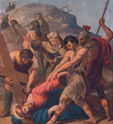 Zdjęcie nr 9: Podobrazia cyklu obrazów stacji drogi krzyżowej mają kształt stojących prostokątów. Charakteryzują je wielopostaciowe, zdynamizowane, wielofiguralne kompozycje najczęściej osadzone na tle pejzażu lub architektury. Malowidła cechuje stosunkowo plastyczny modelunek postaci – fizjonomii, muskulatury, draperii. Kolorystyka obrazów jest żywa, nasycona i jednocześnie wyważona, o szerokiej gamie barw. Obrazy ujmują drewniane, profilowane, polichromowane w odcieniu brązu i czerni ramy z wklęsło-wypukłym w formie podwieszeniem i zwieńczeniem z motywem krzyża o trójlistnie zakończonych ramionach. W górnej partii ram znajdują się numery stacji, a w dolnej ich nazwy w formie napisów wykonanych czarną farbą.  