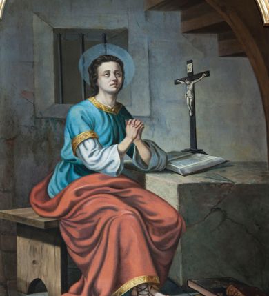 Zdjęcie nr 7: Nastawa ołtarzowa architektoniczna, jednoosiowa, jednokondygnacyjna ze zwieńczeniem, na podwójnym cokole. Ołtarz drewniany, prostopadłościenny; mensa drewniana z kamiennym portatylem. Antepedium podzielone na trzy pola czterema półkolumnami o stylizowanych kapitelach. W polach płyciny; w środkowej romb z płaskorzeźbionym kielichem z hostią; w zewnętrznych winne grona z kłosami zbóż.Tabernakulum w formie drewnianej skrzynki obitej blachą. Drzwiczki w kształcie stojącego prostokąta z aplikowaną, odlewaną plakietką ze sceną modlitwy Chrystusa w Ogrójcu, w narożach aplikowane uskrzydlone główki anielskie, całość w opasce dekorowanej różami. Tabernakulum w drewnianej obudowie, ściana frontowa flankowana parą kolumn. Tron wystawienia w formie niszy ujętej kolumienkami z łukiem o fantazyjnym wykroju. Całość zwieńczona rzeźbioną figurką Baranka Eucharystycznego leżącego na księdze. Po bokach tabernakulum stoją dwie pary nisz na postumentach z figurami czterech ewangelistów. Kondygnacja nastawy ujęta dwiema parami kolumn o kapitelach kompozytowych, stojących na tle zwielokrotnionych pilastrów. Podpory dźwigają fragmenty wyłamanego belkowania, zewnętrzna para również przerwany, wklęsło-wypukły przyczółek. Cokoły ustawione delikatnie pod kątem, zwrócone na zewnątrz. Na gzymsie wewnętrznych podpór niewielkie figurki puttów; na przyczółkach figury siedzących aniołów ubranych w długie suknie, okryte czerwonymi płaszczami. Między kolumnami na wspornikach figury św. Piotra i św. Pawła. W polu środkowym obraz św. Aleksego w profilowanej ramie w kształcie stojącego prostokąta zamkniętego łukiem półkolistym nadwieszonym. Zwieńczenie w formie leżącego prostokąta, ujętego masywnymi spływami wolutowymi, zamkniętego przeciwstawnie zwróconymi esownicami. W polu obraz św. Michała Archanioła w profilowanej ramie w formie stojącego owalu. Dolne partie cokołu dekorowane płaskorzeźbionym, stylizowanym akantem o układzie geometrycznym; wyższe z ornamentem w płycinach. Kondygnacja ujęta uszakami utworzonymi z karbowanej wstęgi przeplatającej się z ornamentem roślinnym. Woluty zwieńczenia dekorowane liśćmi palmowymi i kampanullami. Obraz w polu ujęty muszlami i liśćmi palmowymi; całość zwieńczona muszlą. Struktura polichromowana w odcieniu bieli; płyciny i fryz polichromowane na seledynowo, profile w odcieniu jasnego różu; trzony kolumn marmoryzowane; ornamentyka, kapitele, profile i ornamenty złocone i srebrzone.