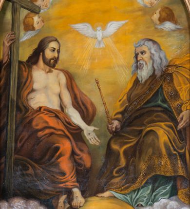 Zdjęcie nr 7: Nastawa ołtarzowa architektoniczna, jednoosiowa, jednokondygnacyjna ze zwieńczeniem. Ołtarz drewniany, prostopadłościenny. Mensa drewniana, o silnie wysuniętym gzymsie dekorowanego kostkowaniem. Antepedium w formie leżącego prostokąta z płyciną o dwóch wypukłych bokach. W polu płaskorzeźbione przedstawienie pelikana karmiącego w gnieździe młode, flankowanego winnym gronem i kłosami zbóż; płycina ujęta parą uskrzydlonych główek anielskich. Antepedium zamknięte profilowanym gzymsem, dekorowanym kostkowaniem, dźwigającym niepełne belkowanie. Tabernakulum prostopadłościenne, w formie drewnianej skrzynki obitej blachą miedzianą, ustawione na wysokim cokole ujętym od frontu i po bokach spływami wolutowymi, dźwigającymi wyłamany gzyms dekorowany kostkowaniem; na froncie płycina z rozetą. Drzwiczki w kształcie leżącego prostokąta zamkniętego łukiem segmentowym z aplikowanym kielichem z hostią, w otoczeniu winnego grona, na fakturowanym tle. Tabernakulum flankowane parą kanelowanych kolumienek, dźwigających gzyms wieńczący, dekorowany kostkowaniem oraz szczyt w formie zbliżonej do trójkąta, zamknięty gzymsem przechodzącym w przeciwstawnie zwrócone woluty, dekorowane kostkowaniem; w polu uskrzydlona główka anielska. 
Retabulum na zryzalitowanym przy brzegach cokole; ujęte dwiema parami kolumn o kapitelach kompozytowych i kanelowanych trzonach dźwigających pełne belkowanie oraz trójkątny przyczółek trójbocznie załamany; na nim, na osi podpór przerwany, wolutowy przyczółek, z leżącymi nań figurami. Szczyt w postaci dwustrefowego cokołu ujętego kartuszem z figurą św. Michała Archanioła. Pole środkowe w całości wypełnia płytka nisza ujęta profilowaną ramą z obrazem „Trójca Święta”, wymiennie z przedstawieniami Matki Boskiej z Dzieciątkiem i św. Katarzyny. Kondygnację flankują, ustawione na cokołach figury św. Stanisława i św. Wojciecha. Cokoły kolumn dekorowane płycinami z uskrzydlonymi główkami anielskimi; w polu cokołu płycina w formie wydłużonego, leżącego prostokąta o wypukłych bokach, z dekoracją schweifwerkową. Trzony kolumn dekorowane uskrzydlonymi główkami anielskimi podtrzymującymi festony utworzone z tkaniny i chwosty. Za kolumnami płyciny wypełnione schweifwerkiem, w ich centrum obelisk dekorowany cekinami i zwieńczony krzyżem. W partii fryzu od frontu uskrzydlone główki anielskie, po bokach schweifwerk. Pola obu przyczółków wypełnia ornament schweifwerkowy. Gzyms od spodu dekorowany rozetami; zwieńczony wolutowym kluczem dekorowanym schwrifwerkiem oraz uskrzydloną główką anielską. Woluty wieńczące zdobione palmetami. Kondygnacja ujęta uszami utworzonymi z ornamentu okuciowego i ulistnionych wolut. Struktura w całości złocona, płyciny i profile polichromowane na czerwono, uszaki na zielono. 