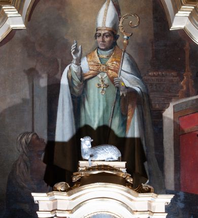 Zdjęcie nr 13: Nastawa ołtarzowa architektoniczna, jednoosiowa z bramkami, jednokondygnacyjna ze zwieńczeniem, na wysokim cokole. Ołtarz prostopadłościenny, mensa drewniana z marmurowym portatylem. Antepedium w formie leżącego prostokąta, ujęte profilowaną ramą. W jego polu trzy medaliony, w środkowym monogram IHS, w zewnętrznych alfa i omega, w narożach rocaille. Tabernakulum w formie prostopadłościennej metalowej skrzynki obitej fakturowaną blachą. Drzwiczki dwuskrzydłowe w kształcie stojącego prostokąta, w metalowych opaskach, z aplikowanymi, odlewanymi przedstawieniami krzyży ze zbożem i winnym gronem na fakturowanym tle. Tabernakulum w drewnianej obudowie stanowiącej dwustrefowy cokół dla tronu wstawienia, dekorowany płycinami z rozetami. Tron w formie obrotowej niszy w kształcie stojącego prostokąta zamkniętego łukiem półkolistym, ujętej dwiema parami kolumienek o kapitelach korynckich, dźwigających pełne belkowanie, przyjmujące nad niszą kształt łuku segmentowego o wypukłym licu. Na belkowaniu cokół ujęty w narożach spływami wolutowymi z figurą baranka apokaliptycznego na księdze.  
Nastawa flankowana dwiema parami pilastrów i parą filarów zewnętrznych ustawionych delikatnie pod kątem względem lica ołtarza, o trzonach dekorowanych rocaille&#039;m i zwisami kwiatowymi, przed nimi para kolumn o kapitelach kompozytowych. Podpory dźwigają pełne belkowanie, wyłamane na ich osi oraz przerwany, wolutowy przyczółek z figurami aniołów. Belkowanie przerwane nad polem środkowym, połączone architrawem przyjmującym kształt łuku nadwieszonego. W polu środkowym nisza w formie stojącego prostokąta zamkniętego łukiem półkolistym nadwieszonym z uskokiem z obrazem św. Stanisława, ujęta profilowaną ramą dekorowaną rocaille&#039;m. Nisza flankowana rocaille&#039;m i zwisami kwiatowymi. Kondygnacja ujęta uszami utworzonymi z rocaille&#039;u, wolut i dekoracji roślinnej. Zwieńczenie w formie zbliżonej do trapezu o wklęsłych bokach, zamknięte gzymsem przechodzącym w dwie zwrócone ku sobie woluty, zakończone medalionem z monogramem IHS w otoku z obłoków, w glorii promienistej. W polu obraz w formie analogicznej względem zwieńczenia z przedstawieniem św. Jana Nepomucena, ujęty w profilowaną ramę. U dołu dekorowany muszlą flankowaną przez ornament roślinny. Bramki z przejściami w formie stojącego prostokąta z nadprożem w kształcie cokołów, utworzonych z dwóch wolut, na których stoją figury św. Stanisława i św. Wojciecha. Struktura polichromowana w kolorze bladoróżowym, kapitele na różowo, ornamentyka, profile i kolumny pozłocone.