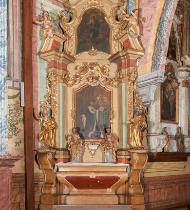 Zdjęcie nr 1: Nastawa ołtarzowa architektoniczna, ustawiona na trzech stopniach; jednoosiowa, jednokondygnacyjna ze zwieńczeniem, na wysokim cokole. Ołtarz drewniany, sarkofagowy, wklęsło-wypukły, zwężający się ku dołowi, zamknięty gzymsem, na cokole. Mensa drewniana. W polu antependium rocaille'owa płycina w formie odwróconego trapezu.  
Retabulum flankowane parą filarów ustawionych pod kątem, na zewnątrz względem lica ołtarza; z pilastrami po wewnętrznej stronie, o kapitelach jońskich i kanelowanych trzonach. Podpory dźwigają imposty, od frontu podtrzymywane przez konsole oraz przerwany, wolutowy przyczółek, na którym siedzi para puttów. Przed filarami cokoły w formie wolut, flankujące ołtarz, z figurami św. Piotra i św. Pawła. W polu środkowym rama w formie stojącego prostokąta zamkniętego stylizowanym łukiem nadwieszonym z uskokiem z obrazem św. Jana Kantego. Zwieńczenie w formie stojącego prostokąta zamkniętego gzymsem przyjmującym kształt łuku segmentowego nadwieszonego; ujęte podwójnymi spływami wolutowymi, których ślimacznice tworzą uszaki. W polu rama w formie stojącego prostokąta o wklęsłych bokach, zamkniętego łukiem półkolistym z uskokiem, z obrazem Wniebowzięcia Najświętszej Marii Panny.
Trzony filarów dekorowane festonami utworzonymi z rocaille'u i ukwieconych gałązek. Rama obrazu w polu środkowym zdobiona po bokach fragmentami rocaille'u, zwieńczona parą uskrzydlonych główek anielskich na obłoku. U spodu obrazu tron wystawienia w formie wspornika podtrzymywanego przez konsolę z rocaille'u. Pole nad obrazem wypełniają fragmenty rocaille'u. Kondygnacja ujęta uszami utworzonymi z ażurowego rocaille'u. Rama zwieńczenia dekorowana fragmentami rocaille u spodu, w partii uskoków i na łuku; flankowana kampanulami. Woluty ujmujące zwieńczenie zdobione rocaille'm. Gzyms wieńczący ze szczytem utworzonym z palmet, flankowany przez dwa rokokowe wazony na skraju. 
Struktura polichromowana w kolorze beżowym, detale na seledynowo i czerwono; ornamentyka, profile, ramy i kanelury złocone.