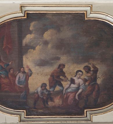 Zdjęcie nr 6: Balustrada chóru muzycznego na profilowanym cokole, podzielona na osiem pól wydzielonych hermami dekorowanymi małżowiną i ornamentem roślinnym, dźwigającymi pełne belkowanie, stanowiące parapet. W polach płyciny naprzemiennie w formie leżącego prostokąta z uszakami i leżącego owalu z uszakami, ujęte w ramy. W nich malowane na desce obrazy, od lewej: św. Michał Archanioł walczący z szatanem, św. Małgorzata i zaloty namiestnika rzymskiego, nawrócenie św. Małgorzaty przez opiekunkę, chrzest świętej w czasie prześladowania chrześcijan, pojmanie św. Małgorzaty i zmuszenie jej, aby złożyła ofiarę bogom pogańskim, tortury świętej (przypalanie piersi), uwięzienie w wieży i wizja szatana w postaci smoka, ścięcie mieczem. Struktura polichromowana w kolorze kremowym, z cokołem i fryzem malowanym na sposób imitujący marmoryzację, profile i ornamentyka złocone.