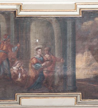 Zdjęcie nr 2: Balustrada chóru muzycznego na profilowanym cokole, podzielona na osiem pól wydzielonych hermami dekorowanymi małżowiną i ornamentem roślinnym, dźwigającymi pełne belkowanie, stanowiące parapet. W polach płyciny naprzemiennie w formie leżącego prostokąta z uszakami i leżącego owalu z uszakami, ujęte w ramy. W nich malowane na desce obrazy, od lewej: św. Michał Archanioł walczący z szatanem, św. Małgorzata i zaloty namiestnika rzymskiego, nawrócenie św. Małgorzaty przez opiekunkę, chrzest świętej w czasie prześladowania chrześcijan, pojmanie św. Małgorzaty i zmuszenie jej, aby złożyła ofiarę bogom pogańskim, tortury świętej (przypalanie piersi), uwięzienie w wieży i wizja szatana w postaci smoka, ścięcie mieczem. Struktura polichromowana w kolorze kremowym, z cokołem i fryzem malowanym na sposób imitujący marmoryzację, profile i ornamentyka złocone.