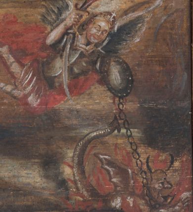 Zdjęcie nr 1: Balustrada chóru muzycznego na profilowanym cokole, podzielona na osiem pól wydzielonych hermami dekorowanymi małżowiną i ornamentem roślinnym, dźwigającymi pełne belkowanie, stanowiące parapet. W polach płyciny naprzemiennie w formie leżącego prostokąta z uszakami i leżącego owalu z uszakami, ujęte w ramy. W nich malowane na desce obrazy, od lewej: św. Michał Archanioł walczący z szatanem, św. Małgorzata i zaloty namiestnika rzymskiego, nawrócenie św. Małgorzaty przez opiekunkę, chrzest świętej w czasie prześladowania chrześcijan, pojmanie św. Małgorzaty i zmuszenie jej, aby złożyła ofiarę bogom pogańskim, tortury świętej (przypalanie piersi), uwięzienie w wieży i wizja szatana w postaci smoka, ścięcie mieczem. Struktura polichromowana w kolorze kremowym, z cokołem i fryzem malowanym na sposób imitujący marmoryzację, profile i ornamentyka złocone.