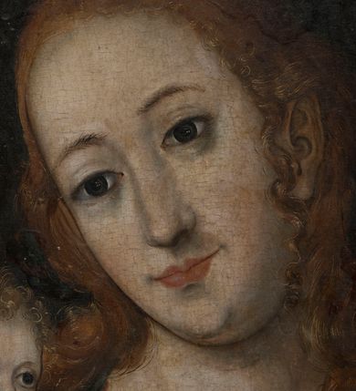 Zdjęcie nr 12: Deska wzmocniona dwoma szpongami. Obraz w formie stojącego prostokąta. W centrum przedstawienie Matki Boskiej ukazanej w półpostaci, zwróconej delikatnie w prawo, z głową przechyloną na prawe ramię. Prawą ręką podtrzymuje Dzieciątko, a w lewej, ugiętej trzyma gruszkę. Twarz pociągła, owalna, o delikatnych rysach, z dużymi, migdałowymi oczami, prostym nosem i pełnymi ustami. Włosy falowane, laserunkowe, fakturowane, z przedziałkiem na środku, ściśle przylegają do głowy, opadają na ramiona. Maria jest ubrana w czerwoną suknię z lamówką wokół szyi oraz narzucony na ramiona, ciemny płaszcz z żółtą podszewką, opadający na kolana dużą połacią tkaniny. Dzieciątko niewielkiej postury, zwrócone w trzech czwartych w lewo, nagie, podtrzymywane na pieluszce, w obu wyciągniętych przed siebie dłoniach trzyma kiść winnego grona. Twarz Jezusa jest okrągła, o pełnych policzkach i wyraźnej linii podbródka; duże, szeroko otwarte oczy, mały, zadarty nos, usta pełne. Włosy jasne, krótkie, kręcone, fakturowane. Postacie na ciemnym, jednolitym tle. U spodu obrazu parapet z leżącymi nań orzechami włoskim i laskowym oraz z gruszką; w prawym rogu księga. W lewej części obrazu, w połowie wysokości data: „1526”. Kolorystyka stonowana, laserunek, delikatne przejścia tonalne.