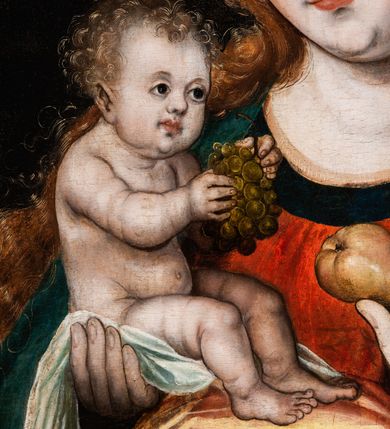 Zdjęcie nr 5: Deska wzmocniona dwoma szpongami. Obraz w formie stojącego prostokąta. W centrum przedstawienie Matki Boskiej ukazanej w półpostaci, zwróconej delikatnie w prawo, z głową przechyloną na prawe ramię. Prawą ręką podtrzymuje Dzieciątko, a w lewej, ugiętej trzyma gruszkę. Twarz pociągła, owalna, o delikatnych rysach, z dużymi, migdałowymi oczami, prostym nosem i pełnymi ustami. Włosy falowane, laserunkowe, fakturowane, z przedziałkiem na środku, ściśle przylegają do głowy, opadają na ramiona. Maria jest ubrana w czerwoną suknię z lamówką wokół szyi oraz narzucony na ramiona, ciemny płaszcz z żółtą podszewką, opadający na kolana dużą połacią tkaniny. Dzieciątko niewielkiej postury, zwrócone w trzech czwartych w lewo, nagie, podtrzymywane na pieluszce, w obu wyciągniętych przed siebie dłoniach trzyma kiść winnego grona. Twarz Jezusa jest okrągła, o pełnych policzkach i wyraźnej linii podbródka; duże, szeroko otwarte oczy, mały, zadarty nos, usta pełne. Włosy jasne, krótkie, kręcone, fakturowane. Postacie na ciemnym, jednolitym tle. U spodu obrazu parapet z leżącymi nań orzechami włoskim i laskowym oraz z gruszką; w prawym rogu księga. W lewej części obrazu, w połowie wysokości data: „1526”. Kolorystyka stonowana, laserunek, delikatne przejścia tonalne.