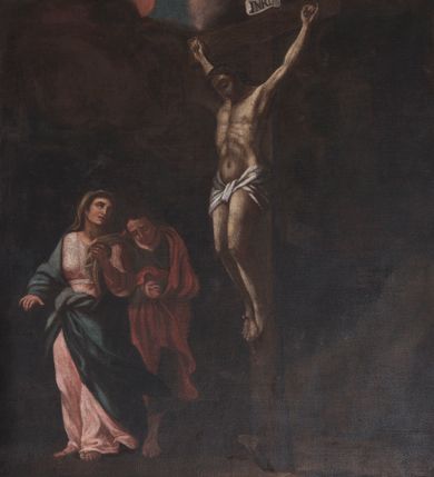 Zdjęcie nr 7: Obrazy w formie stojącego prostokąta, w profilowanej ramie, ujęte od góry i dołu dwiema parami wolutowo skręconych liści akantu, zwieńczone tabliczką z numerem stacji i krzyżykiem. Kompozycje wielofigurowe, postacie w ekspresyjnych pozach zgrupowane w centrum przedstawień, ukazane głównie na tle pejzażu. Chrystus jest każdorazowo wyodrębniony spośród nich, ubrany w jasnoniebieską tunikę i czerwony płaszcz lub w białe perizonium, z koroną cierniową na głowie. 