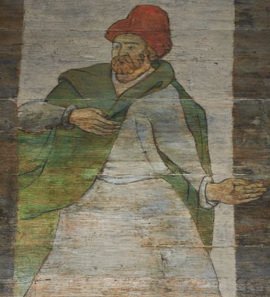 Zdjęcie nr 6: Polichromia ścienna prezbiterium
Polichromia w tej części świątyni podzielona jest na cztery strefy. W pierwszej znajduje się dekoracja ornamentalna, kolejne dwie strefy ukazują sceny z życia Marii i Jezusa, ostatnia strefa ukazuje rząd portretów męskich w strojach z epoki.  W dolnej strefie prezbiterium są umieszczone również trzy krzyże konsekracyjne, wpisane w okrągłe wieńce. Na północnej ścianie prezbiterium w scenach z cyklu maryjnego, od lewej znajdują się: Św. Anna Samotrzeć, Pokłon Trzech Króli, Chrystus Baranek Boży opatrzony banderolą z napisem: „EGO SVM PASTOR BONVS”, Ucieczka do Egiptu, scena Ukrzyżowania z postaciami fundatorów. W drugiej strefie na ścianie północnej od lewej ukazano: św. Annę z małą Marią; Ofiarowanie w świątyni z fragmentami napisu u spodu: „RV (?) NOBIS (?) NOBIS”; Zwiastowanie z napisem: „ECCE VIRGO CONCIPIET ET PARIET FILIUM EI VO”, Nawiedzenie Najświętszej Marii Panny, u spodu napis: „VIRGO MARIA (?) NAV(?) (?)AB(?)” oraz Wniebowzięcie Najświętszej Marii Panny z fragmentarycznie zachowanym napisem: „(?)VAE EST ASC(?)”. W ostatniej strefie na ścianie północnej ukazano rząd męskich portretów. Na południowej ścianie prezbiterium w dolnej strefie znajduje się dekoracja ornamentalna. Następnie w strefie drugiej od lewej strony ukazane są kolejno sceny: Najświętsza Maria Panna Niepokalanie Poczęta, Tron Łaski, Trzy Marie u grobu, Nauczanie Chrystusa, a w strefie trzeciej, również od lewej strony: Przemienienie na górze Tabor z fragmentarycznie zachowanym napisem: „(?) BV(?)O (…) RA(?) (?)AT”, następnie Modlitwa w Ogrójcu(?), Zmartwychwstanie Chrystusa. W trzeciej strefie kontynuacja porterów męskich, w tym władców w koronach na głowie i z berłami w dłoniach. Na wschodniej ścianie prezbiterium, przy ołtarzu głównym przedstawiono Ewangelistów: po stronie lewej św. Mateusza, a po prawej św. Marka. W dolnej strefie po lewej: św. Łukasz, a po prawej św. Jan.

Polichromia ścienna nawy
Polichromię wypełniają przedstawienia Męki Pańskiej: Zdjęcie z krzyża, Opłakiwanie Chrystusa, Złożenie do Grobu  oraz postacie Apostołów namalowane na zaskrzynieniach. Kilka scen zasłania ołtarz Ukrzyżowania. Na południowej ścianie nawy zachowało się tylko gigantyczne przedstawienie św. Krzysztofa na wysokość całej nawy. Ponadto w nawie znajdują się sceny, częściowo przesłonięte przez prospekt organowy i ołtarze: Wyszydzanie Chrystusa, Chrystus bity pięścią po głowie przez oprawcę, Dźwigane krzyża, Zesłanie Ducha Świętego, Przybicie do krzyża, Chrzest w Jordanie, Ostatnia Wieczerza, Modlitwa w Ogrójcu, Pojmanie.

Ściana łuku arkady tęczowej
Na ścianie tej znajduje się scena Sądu Ostatecznego. U szczytu zasiada Chrystus – Sędzia, odziany w czerwony płaszcz i unoszący rękę ku górze. Po jego bokach ukazano: Matkę Boską, św. Jana Chrzciciela, proroków, apostołów, symbole ewangelistów, a także potępione dusze. 

Stropy prezbiterium i korpusu nawowego, a także zaskrzynień (z wyjątkiem strony północnej, gdzie są ukazani Apostołowie), cokół w prezbiterium i korpusie pokrywa pasowa dekoracja ornamentalna umieszczona na czarnym tle. Ozdabia również obramowania okienne, a w prezbiterium tworzy fryz łączący ściany. 
 