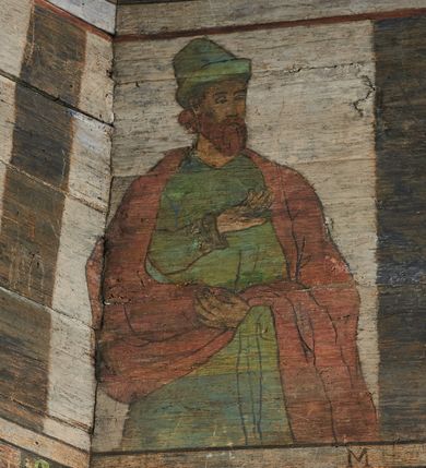 Zdjęcie nr 36: Polichromia ścienna prezbiterium
Polichromia w tej części świątyni podzielona jest na cztery strefy. W pierwszej znajduje się dekoracja ornamentalna, kolejne dwie strefy ukazują sceny z życia Marii i Jezusa, ostatnia strefa ukazuje rząd portretów męskich w strojach z epoki.  W dolnej strefie prezbiterium są umieszczone również trzy krzyże konsekracyjne, wpisane w okrągłe wieńce. Na północnej ścianie prezbiterium w scenach z cyklu maryjnego, od lewej znajdują się: Św. Anna Samotrzeć, Pokłon Trzech Króli, Chrystus Baranek Boży opatrzony banderolą z napisem: „EGO SVM PASTOR BONVS”, Ucieczka do Egiptu, scena Ukrzyżowania z postaciami fundatorów. W drugiej strefie na ścianie północnej od lewej ukazano: św. Annę z małą Marią; Ofiarowanie w świątyni z fragmentami napisu u spodu: „RV (?) NOBIS (?) NOBIS”; Zwiastowanie z napisem: „ECCE VIRGO CONCIPIET ET PARIET FILIUM EI VO”, Nawiedzenie Najświętszej Marii Panny, u spodu napis: „VIRGO MARIA (?) NAV(?) (?)AB(?)” oraz Wniebowzięcie Najświętszej Marii Panny z fragmentarycznie zachowanym napisem: „(?)VAE EST ASC(?)”. W ostatniej strefie na ścianie północnej ukazano rząd męskich portretów. Na południowej ścianie prezbiterium w dolnej strefie znajduje się dekoracja ornamentalna. Następnie w strefie drugiej od lewej strony ukazane są kolejno sceny: Najświętsza Maria Panna Niepokalanie Poczęta, Tron Łaski, Trzy Marie u grobu, Nauczanie Chrystusa, a w strefie trzeciej, również od lewej strony: Przemienienie na górze Tabor z fragmentarycznie zachowanym napisem: „(?) BV(?)O (…) RA(?) (?)AT”, następnie Modlitwa w Ogrójcu(?), Zmartwychwstanie Chrystusa. W trzeciej strefie kontynuacja porterów męskich, w tym władców w koronach na głowie i z berłami w dłoniach. Na wschodniej ścianie prezbiterium, przy ołtarzu głównym przedstawiono Ewangelistów: po stronie lewej św. Mateusza, a po prawej św. Marka. W dolnej strefie po lewej: św. Łukasz, a po prawej św. Jan.

Polichromia ścienna nawy
Polichromię wypełniają przedstawienia Męki Pańskiej: Zdjęcie z krzyża, Opłakiwanie Chrystusa, Złożenie do Grobu  oraz postacie Apostołów namalowane na zaskrzynieniach. Kilka scen zasłania ołtarz Ukrzyżowania. Na południowej ścianie nawy zachowało się tylko gigantyczne przedstawienie św. Krzysztofa na wysokość całej nawy. Ponadto w nawie znajdują się sceny, częściowo przesłonięte przez prospekt organowy i ołtarze: Wyszydzanie Chrystusa, Chrystus bity pięścią po głowie przez oprawcę, Dźwigane krzyża, Zesłanie Ducha Świętego, Przybicie do krzyża, Chrzest w Jordanie, Ostatnia Wieczerza, Modlitwa w Ogrójcu, Pojmanie.

Ściana łuku arkady tęczowej
Na ścianie tej znajduje się scena Sądu Ostatecznego. U szczytu zasiada Chrystus – Sędzia, odziany w czerwony płaszcz i unoszący rękę ku górze. Po jego bokach ukazano: Matkę Boską, św. Jana Chrzciciela, proroków, apostołów, symbole ewangelistów, a także potępione dusze. 

Stropy prezbiterium i korpusu nawowego, a także zaskrzynień (z wyjątkiem strony północnej, gdzie są ukazani Apostołowie), cokół w prezbiterium i korpusie pokrywa pasowa dekoracja ornamentalna umieszczona na czarnym tle. Ozdabia również obramowania okienne, a w prezbiterium tworzy fryz łączący ściany. 
 