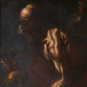 Zdjęcie nr 1: Obraz w kształcie stojącego prostokąta z przedstawieniem św. Piotra. Święty ukazany w centrum kompozycji, w półpostaci, z lewego półprofilu, w dynamicznej pozie, z głową delikatnie przechyloną na lewe ramię, z krzyżem w prawej dłoni, z lewą wyciągniętą do dwóch kluczy leżących na skale obok czaszki. Święty ubrany w czerwony płaszcz odsłaniający nagi tors o silnie podkreślonej muskulaturze. Twarz okolona siwą, długą i bujną brodą; czoło wysokie, pokryte zmarszczkami; na głowie łysina. W górnym, prawym narożu obrazu kogut ukazany z lewego profilu. Tło jednolite, ciemne. Kolorystyka ciemna z przewagą brązów, światłocieniowy modelunek postaci.
