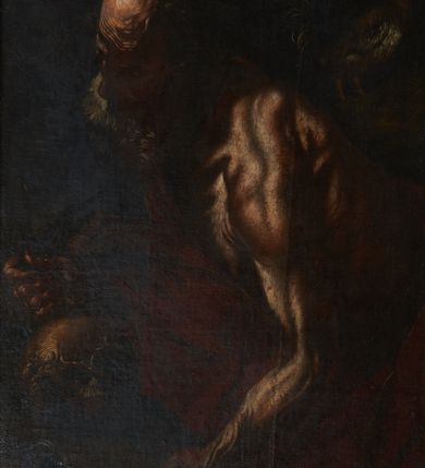 Zdjęcie nr 2: Obraz w kształcie stojącego prostokąta z przedstawieniem św. Piotra. Święty ukazany w centrum kompozycji, w półpostaci, z lewego półprofilu, w dynamicznej pozie, z głową delikatnie przechyloną na lewe ramię, z krzyżem w prawej dłoni, z lewą wyciągniętą do dwóch kluczy leżących na skale obok czaszki. Święty ubrany w czerwony płaszcz odsłaniający nagi tors o silnie podkreślonej muskulaturze. Twarz okolona siwą, długą i bujną brodą; czoło wysokie, pokryte zmarszczkami; na głowie łysina. W górnym, prawym narożu obrazu kogut ukazany z lewego profilu. Tło jednolite, ciemne. Kolorystyka ciemna z przewagą brązów, światłocieniowy modelunek postaci.
