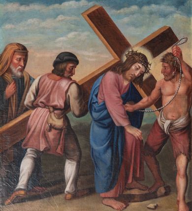 Zdjęcie nr 1: 12 stacji drogi krzyżowej w kształcie stojącego prostokąta w drewnianych, złoconych ramach. Wielofigurowe sceny zostały ukazane w bliskim planie. W dole każdej banderola z numerem i nazwą stacji. 