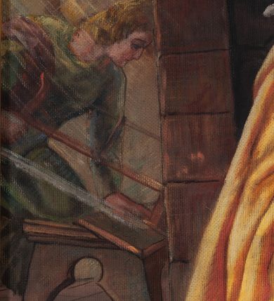 Zdjęcie nr 27: Ołtarz architektoniczny, trójosiowy, jednokondygnacyjny ze zwieńczeniem, na cokole. Mensa prostopadłościenna, drewniana, z portatylem. Antepedium na profilowanej podstawie podzielone na trzy bliskie kwadratom płyciny. Metalowe tabernakulum w formie prostopadłościanu ujętego wolutami z liści. Na ścianie frontowej drzwiczki dekorowane hostią z literami IHS ujętą od dołu rozłożonymi dłońmi.  Osie nastawy wydzielone dwiema parami pilastrów i stojącymi przed licem ołtarza kolumnami z kapitelami kompozytowymi. Wewnętrzna para kolumn dźwiga imposty z przerwanym przyczółkiem, na którym siedzi para klęczących aniołów, zaś zewnętrzna para dźwiga imposty z aniołami półleżącymi. Pole środkowe tworzy szeroka, wypełniona ażurowym akantem i rozetami rama w formie stojącego prostokąta zamkniętego łukiem nadwieszonym, ujęta lizenami, podtrzymywana przez konsole, z obrazem św. Wawrzyńca wymiennie z obrazem św. Józefa oraz rzeźbionym krucyfiksem. W osiach bocznych figury św. Stanisława po lewej i św. Wojciecha po prawej stronie, na tle arkad z ażurową kratką. Zwieńczenie tworzy grupa rzeźbiarska z przedstawieniem Trójcy Świętej. Bóg Ojciec i Chrystus siedzą zwróceni do siebie, na tle ulistionych wolut, które podtrzymują gołębicę Ducha Świetego, nad którą unosi się Oko Opatrzności. Grupa jest flankowana przez jońskie kolumny ze zwróconymi na zewnątrz wolutami, ujęta fragmentami wici tworzącymi spływy wolutowe. Cokoły kolumn dekorowane płycinami z akantem, rozetą i liliami heraldycznymi, zwieńczone ząbkowaniem. W przyłuczach dekoracja roślinna. Płycinę lizen zdobią festony z wstęgą regencyjną. Trzony pilastrów podzielone na dwie płyciny o wklęsłych bokach, dekorowane rozetami. Architrawy i fryzy dekorowane rozetami z akantu, gzyms z ząbkowaniem. Kolumny zwieńczenia dekorowane akantowymi spływami wolutowymi. Ołtarz polichromowany na ciemnoczerwono; ornamentyka oraz detale architektoniczne złocone i srebrzone. 