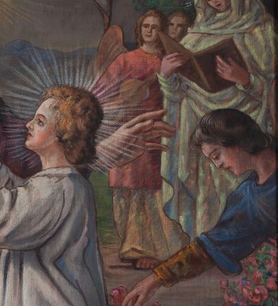 Zdjęcie nr 3: Obraz w formie stojącego prostokąta. W centrum  stojące Dzieciątko Jezus wręcza lilię siedzącemu św. Józefowi. Święty ukazany jako starszy mężczyzna z twarzą okoloną siwą brodą. Siwe, długie włosy opadają mu na kark. Ubrany jest w fioletową suknię i żółty płaszcz. Pochyla się w stronę Dzieciątka. Jezus został ukazany w wykroku, lewą ręką trzyma łodygę, prawą czyni znak błogosławieństwa.  Jest ubrany w białą, sięgającą kolan szatę. wokół głów obu postaci promieniste nimby. Po prawej stronie, w tle znajduje się Matka Boska czytająca otwartą księgę, w towarzystwie dwóch aniołów. Maria est szczelnie okryta białym płaszczem, anioł obok niej nosi białą suknię i różową tunikę. Przed nimi widoczny fragment klęczącej postaci zrywającej kwiaty róż. Po lewej stronie kompozycji warsztat stolarski, w którym pracuje anioł. Na pierwszym planie koszyk z narzędziami, przed nogami Jezusa róże, za nimi  młotek i deski. W tle górzysty krajobraz z drzewami i ciemne chmury z jasnym obłokiem.  