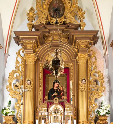 Zdjęcie nr 11: Ołtarz drewniany, architektoniczny, jednoosiowy, jednokondygnacyjny, ze zwieńczeniem, z dwiema bramkami. Jest umieszczony na murowanym, dwustopniowym podwyższeniu. Podstawa ołtarza murowana, skrzyniowa o kształcie prostopadłościanu, o obudowie drewnianej. Brak kamiennej mensy ołtarzowej. W partii antepedium nisza w kształcie prostokąta leżącego. Na mensie ustawione tabernakulum w formie centralnego kościółka zwieńczonego kopułą z latarnią.

Retabulum jest flankowane dwiema złoconymi kolumnami kompozytowymi, ustawionymi na profilowanych cokołach. Trzony kolumn są kanelowane, ozdobione w połowie wysokości główkami aniołków ujętymi dekoracją chrząstkową. Kolumny dźwigają belkowanie z wydatnym, przełamującym się nad nimi gzymsem, ozdobione ornamentem małżowinowym. W polu środkowym ołtarza profilowana, złocona i malowana rama z górną krawędzią w formie arkady z kluczem, dolna krawędź zaakcentowana uskokiem. W niej druga rama, prostokątna, ozdobiona ornamentem małżowinowym i złocona, z obrazem przedstawiającym Św. Annę Samotrzeć w otoczeniu świętych. We wnęce, za zasuwą, widnieje obraz Matki Boskiej z Dzieciątkiem w prostokątnej ramie, rzeźbionej i złoconej, pokrytej ornamentem roślinnym. Wnęka pokryta ciemnoczerwonym aksamitem, poniżej obrazu zawieszone wota. W polu arkady, w półkolistym tympanonie, na tle złoconych obłoków srebrna gołębica Ducha Świętego. Na gzymsie, na osi kolumn wazony z kwiatami. Po bokach retabulum bogato rzeźbione i złocone uszy z bujnym ornamentem małżowinowym. W zwieńczeniu, w owalnej, profilowanej i złoconej ramie obraz przedstawiający Wniebowzięcie Najświętszej Marii Panny. Rama otoczona szeroko rozbudowaną ornamentyką małżowinową. Po bokach ołtarza bramki prowadzące za ołtarz, o kształcie prostokąta stojącego, ze zwieńczeniem w formie łuku kotarowego zamkniętego od góry prostym odcinkiem, z profilowanym cokołem (pod figurę) z podwieszonym ornamentem w kształcie muszli. Górne narożniki bramek podkreślone złoconym ornamentem w kształcie wolut z elementem roślinnym. Otwór wejściowy, w kształcie analogicznym do bramki, z profilowanymi krawędziami, zakryty kotarą z aksamitu w kolorze ciemnoczerwonym. Struktura ołtarza polichromowana w kolorze ciemnobrązowym. Kolumny, pilastry, profilowania i dekoracja rzeźbiarska złocone.
