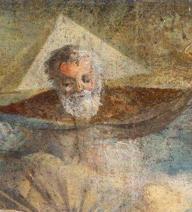 Zdjęcie nr 19: Obraz w kształcie stojącego prostokąta, w ramie rzeźbionej, malowanej, złoconej i ozdobionej ornamentem małżowinowym. Ukazuje św. Annę, Marię i Jezusa oraz świętych Wojciecha, Stanisława, Katarzynę i Tomasza. Na dwudzielnej ławie umieszczonej na podwyższeniu siedzi: po lewej stronie Najświętsza Maria Panna, po prawej św. Anna. Obie niewiasty zwrócone są ku stojącemu pomiędzy nimi Dzieciątku. Nagi Chrystus, okryty na skos białą chustą, przytrzymywaną na Jego prawym boku przez obie niewiasty, ukazany frontalnie, z wysuniętą ku przodowi prawą nóżką i lewą podtrzymywaną przez św. Annę. Prawą rękę wznosi w geście błogosławieństwa, zaś lewa obejmuje św. Annę. Głowę Chrystusa, ozdobioną jasno złotobrązowymi włosami, otacza promienista gloria. 
Najświętsza Maria Panna, lekko pochylona w kierunku Chrystusa, ubrana jest w czerwoną suknię i niebieski płaszcz założony na lewe ramię. Jej głowa jest nakryta jasnozieloną chustą, związaną z tyłu głowy, spod której wyłaniają się jasnobrązowe włosy. Twarz Marii zwrócona jest ku widzowi, ze wzrokiem skierowanym na wprost. Święta Anna w zielonej sukni i ciemnoczerwonym płaszczu, narzuconym na prawe ramię mocno pochyla się ku Chrystusowi. Głowę świętej przykrywa biała chusta ze złotymi przeszyciami, opadająca na plecy i prawe ramię. Spod chusty widoczne siwe włosy. Twarz św. Anny ukazana jest półprofilu, ze wzrokiem skierowanym ku Marii. Nad głowami Marii i św. Anny unoszą się nimby. Na pierwszym planie, u stóp niewiast klęczą zwróceni ku Jezusowi: po lewej stronie św. Wojciech w stroju biskupim, z paliuszem i z leżącym przed nim na ziemi pastorałem z podwójnym krzyżem, po prawej św. Stanisław, w stroju biskupim, z pastorałem w lewej ręce i postacią Piotrowina wyłaniającą się z grobu. W tle po prawej stronie św. Katarzyna, trzymająca miecz we wspartej na kole prawej dłoni i palmę męczeństwa w lewej, ubrana w zielona suknię i szary płaszcz. Obok niej stoi św. Tomasz, z prawą dłonią złożoną na piersi, z lilią w lewej ręce, ubrany w czarny habit. Za postaciami świętych daleki górski pejzaż. Po lewej stronie obrazu, na tle architektury z podwieszonymi ciemnoniebieskimi kotarami ozdobionymi złocistymi frędzlami i chwostem, widnieją popiersia dwóch świętych starców w jasnobrązowych szatach. Głowy świętych otaczają nimby. W górnej części, na osi obrazu popiersie Boga Ojca z trójkątnym nimbem, poniżej gołębica Ducha Świętego, otoczona promienistą glorią. Kolorystyka obrazu stonowana, ciepła, nasycona. Kolorystyczną dominantę stanowi ciemny błękit płaszcza Marii, czerwień płaszcza i zieleń sukni św. Anny. Kolory te podkreślają jasną postać Chrystusa.