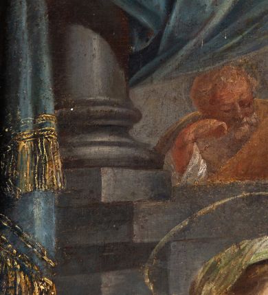 Zdjęcie nr 10: Obraz w kształcie stojącego prostokąta, w ramie rzeźbionej, malowanej, złoconej i ozdobionej ornamentem małżowinowym. Ukazuje św. Annę, Marię i Jezusa oraz świętych Wojciecha, Stanisława, Katarzynę i Tomasza. Na dwudzielnej ławie umieszczonej na podwyższeniu siedzi: po lewej stronie Najświętsza Maria Panna, po prawej św. Anna. Obie niewiasty zwrócone są ku stojącemu pomiędzy nimi Dzieciątku. Nagi Chrystus, okryty na skos białą chustą, przytrzymywaną na Jego prawym boku przez obie niewiasty, ukazany frontalnie, z wysuniętą ku przodowi prawą nóżką i lewą podtrzymywaną przez św. Annę. Prawą rękę wznosi w geście błogosławieństwa, zaś lewa obejmuje św. Annę. Głowę Chrystusa, ozdobioną jasno złotobrązowymi włosami, otacza promienista gloria. 
Najświętsza Maria Panna, lekko pochylona w kierunku Chrystusa, ubrana jest w czerwoną suknię i niebieski płaszcz założony na lewe ramię. Jej głowa jest nakryta jasnozieloną chustą, związaną z tyłu głowy, spod której wyłaniają się jasnobrązowe włosy. Twarz Marii zwrócona jest ku widzowi, ze wzrokiem skierowanym na wprost. Święta Anna w zielonej sukni i ciemnoczerwonym płaszczu, narzuconym na prawe ramię mocno pochyla się ku Chrystusowi. Głowę świętej przykrywa biała chusta ze złotymi przeszyciami, opadająca na plecy i prawe ramię. Spod chusty widoczne siwe włosy. Twarz św. Anny ukazana jest półprofilu, ze wzrokiem skierowanym ku Marii. Nad głowami Marii i św. Anny unoszą się nimby. Na pierwszym planie, u stóp niewiast klęczą zwróceni ku Jezusowi: po lewej stronie św. Wojciech w stroju biskupim, z paliuszem i z leżącym przed nim na ziemi pastorałem z podwójnym krzyżem, po prawej św. Stanisław, w stroju biskupim, z pastorałem w lewej ręce i postacią Piotrowina wyłaniającą się z grobu. W tle po prawej stronie św. Katarzyna, trzymająca miecz we wspartej na kole prawej dłoni i palmę męczeństwa w lewej, ubrana w zielona suknię i szary płaszcz. Obok niej stoi św. Tomasz, z prawą dłonią złożoną na piersi, z lilią w lewej ręce, ubrany w czarny habit. Za postaciami świętych daleki górski pejzaż. Po lewej stronie obrazu, na tle architektury z podwieszonymi ciemnoniebieskimi kotarami ozdobionymi złocistymi frędzlami i chwostem, widnieją popiersia dwóch świętych starców w jasnobrązowych szatach. Głowy świętych otaczają nimby. W górnej części, na osi obrazu popiersie Boga Ojca z trójkątnym nimbem, poniżej gołębica Ducha Świętego, otoczona promienistą glorią. Kolorystyka obrazu stonowana, ciepła, nasycona. Kolorystyczną dominantę stanowi ciemny błękit płaszcza Marii, czerwień płaszcza i zieleń sukni św. Anny. Kolory te podkreślają jasną postać Chrystusa.