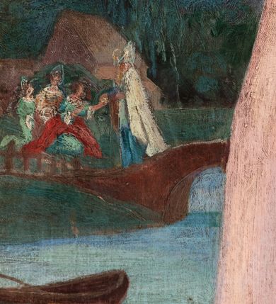 Zdjęcie nr 2: Obraz w kształcie stojącego prostokąta zamkniętego od góry półkolistym łukiem, nadwieszonym, w profilowanej, złoconej ramie ozdobionej motywem muszli w połowie długości dłuższych boków. Został umieszczony w polu środkowym ołtarza bocznego prawego. Postać św. Mikołaja ukazana w pozycji stojącej, frontalnie, we wnętrzu na tle upiętej ciemnoczerwonej draperii. Głowa świętego przechylona nieznacznie w prawo. Twarz owalna, okolona długą, siwą brodą. Oczy duże, głęboko osadzone, wzrok skierowany na wprost. Nos wydatny, prosty, usta zaczerwienione. Na głowie złota infuła, ozdobiona kwadratowym zielonym kamieniem szlachetnym. Wokół głowy nimb. Święty unosi prawą rękę w geście błogosławieństwa, w lewej ręce, o którą oparty jest pastorał, trzyma księgę, z leżącymi na niej trzema złotymi kulami. Ubrany jest w granatową sutannę i białą komżę, układającą się w drobne płytkie fałdy. Na piersi ma paliusz, a na ramionach kapę w kolorze szarym o różowej podszewce. Z lewej strony obrazu okno, w nim widoczny pejzaż z rzeką. Nad rzeką most, przy nim św. Mikołaj wręczający trzem pannom sakiewki z posagiem. Na brzegu rzeki łódź, w głębi widoczny zarys architektury, drzewa i zarysy wzgórz, ponad którymi na błękitnym niebie kłębią się białe chmury. Po prawej stronie obrazu stolik nakryty ciemnobłękitną tkaniną, na nim taca z kwiatami, różańcem i figurką. Kolorystyka obrazu stonowana z silnym akcentem bieli komży i różu podszewki płaszcza.
