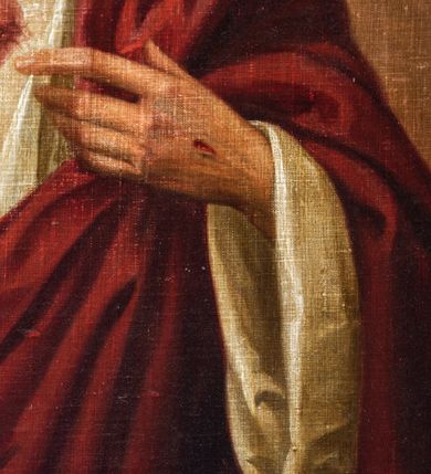 Zdjęcie nr 38: Ołtarz ustawiony na kamiennym podwyższeniu, przyścienny, architektoniczny, jednoosiowy, dwukondygnacyjny ze zwieńczeniem. Podstawa ołtarza skrzyniowa, na niej kamienna mensa z centralnie umieszczonym portatylem. Antepedium późne (secesyjne), datowane na odwrocie „1914”, ozdobione figurą anioła trzymającego wstęgę z napisem „AVE MARIA” i rzeźbionym ornamentem ze złoconych liści winogron i srebrzonych lilii. Retabulum jest flankowane dwiema parami ustawionych uskokowo i osadzonych na wysokich cokołach kolumn kompozytowych, ozdobionych główkami aniołków ujętych dekoracją małżowinową. Kolumny dźwigają belkowanie z wydatnym, przełamującym się gzymsem ozdobionym ornamentem małżowinowym. Nad belkowaniem trójkątny przyczółek z rzeźbioną figurą Boga Ojca w polu tympanonu i figurami aniołów na jego bokach. Druga kondygnacja ołtarza jest flankowana pojedynczymi kolumienkami i kanelowanymi pilasterkami korynckimi, ustawionymi na wysokich cokołach. Boki ozdobione uszami w kształcie małżowiny. Na zewnątrz kolumn, na osiach kolumn zewnętrznych niższej kondygnacji, ustawione na impostach figury: św. Kazimierza po lewej stronie, św. Stanisława po prawej. Kolumny podpierają belkowanie z przełamującym się gzymsem ozdobionym ornamentem małżowinowym, ponad którym zwieńczenie w formie przyczółka odcinkowego przerwanego. Łuk przyczółka profilowany z uskokami, dekorowany ornamentem małżowinowym. Pośrodku zwieńczenia, w przerwanym przyczółku rzeźba św. Michała Archanioła, ustawiona na wysokim cokole z dekoracją w formie bukietu granatów otoczonych liśćmi akantu. Po bokach, na osiach kolumn rzeźbione figury: św. Barbary po lewej stronie i św. Jana Chrzciciela po stronie prawej. Pomiędzy impostami kolumn, w predelli profilowana płycina w kształcie leżącego prostokąta z wyciętymi uskokowo górnymi narożnikami. W niej obraz olejny na płótnie (przyklejony do struktury) ze sceną Nawiedzenia św. Elżbiety. W polu środkowym pierwszej kondygnacji obraz z przedstawieniem Najświętszego Serca Pana Jezusa w profilowanej ramie w kształcie stojącego prostokąta, ozdobionej ornamentem małżowinowym. W drugiej kondygnacji  pole środkowe w kształcie prostokąta leżącego (zbliżonego do kwadratu), obwiedzione frezowaną ramką, z wpisaną w nią ramą o kształcie oktagonalnym, profilowaną i ozdobioną ornamentem małżowinowym, z obrazem przedstawiającym św. Antoniego. Strukturę retabulum, a także prostokątne płyciny zdobiące cokoły i tło kolumn, podkreślają frezowane ramki. Kolumny, pilastry, kapitele, ornamenty, obramienia płycin i belkowania, frezowane ramki złocone. Ramy obrazów złocone i polichromowane. Rzeźby złocone, srebrzone i polichromowane. 