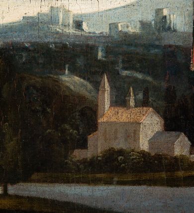 Zdjęcie nr 41: Ołtarz ustawiony na kamiennym podwyższeniu, przyścienny, architektoniczny, jednoosiowy, dwukondygnacyjny ze zwieńczeniem. Podstawa ołtarza skrzyniowa, na niej kamienna mensa z centralnie umieszczonym portatylem. Antepedium późne (secesyjne), datowane na odwrocie „1914”, ozdobione figurą anioła trzymającego wstęgę z napisem „AVE MARIA” i rzeźbionym ornamentem ze złoconych liści winogron i srebrzonych lilii. Retabulum jest flankowane dwiema parami ustawionych uskokowo i osadzonych na wysokich cokołach kolumn kompozytowych, ozdobionych główkami aniołków ujętych dekoracją małżowinową. Kolumny dźwigają belkowanie z wydatnym, przełamującym się gzymsem ozdobionym ornamentem małżowinowym. Nad belkowaniem trójkątny przyczółek z rzeźbioną figurą Boga Ojca w polu tympanonu i figurami aniołów na jego bokach. Druga kondygnacja ołtarza jest flankowana pojedynczymi kolumienkami i kanelowanymi pilasterkami korynckimi, ustawionymi na wysokich cokołach. Boki ozdobione uszami w kształcie małżowiny. Na zewnątrz kolumn, na osiach kolumn zewnętrznych niższej kondygnacji, ustawione na impostach figury: św. Kazimierza po lewej stronie, św. Stanisława po prawej. Kolumny podpierają belkowanie z przełamującym się gzymsem ozdobionym ornamentem małżowinowym, ponad którym zwieńczenie w formie przyczółka odcinkowego przerwanego. Łuk przyczółka profilowany z uskokami, dekorowany ornamentem małżowinowym. Pośrodku zwieńczenia, w przerwanym przyczółku rzeźba św. Michała Archanioła, ustawiona na wysokim cokole z dekoracją w formie bukietu granatów otoczonych liśćmi akantu. Po bokach, na osiach kolumn rzeźbione figury: św. Barbary po lewej stronie i św. Jana Chrzciciela po stronie prawej. Pomiędzy impostami kolumn, w predelli profilowana płycina w kształcie leżącego prostokąta z wyciętymi uskokowo górnymi narożnikami. W niej obraz olejny na płótnie (przyklejony do struktury) ze sceną Nawiedzenia św. Elżbiety. W polu środkowym pierwszej kondygnacji obraz z przedstawieniem Najświętszego Serca Pana Jezusa w profilowanej ramie w kształcie stojącego prostokąta, ozdobionej ornamentem małżowinowym. W drugiej kondygnacji  pole środkowe w kształcie prostokąta leżącego (zbliżonego do kwadratu), obwiedzione frezowaną ramką, z wpisaną w nią ramą o kształcie oktagonalnym, profilowaną i ozdobioną ornamentem małżowinowym, z obrazem przedstawiającym św. Antoniego. Strukturę retabulum, a także prostokątne płyciny zdobiące cokoły i tło kolumn, podkreślają frezowane ramki. Kolumny, pilastry, kapitele, ornamenty, obramienia płycin i belkowania, frezowane ramki złocone. Ramy obrazów złocone i polichromowane. Rzeźby złocone, srebrzone i polichromowane. 