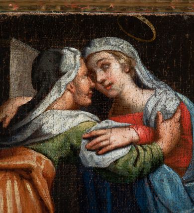 Zdjęcie nr 47: Ołtarz ustawiony na kamiennym podwyższeniu, przyścienny, architektoniczny, jednoosiowy, dwukondygnacyjny ze zwieńczeniem. Podstawa ołtarza skrzyniowa, na niej kamienna mensa z centralnie umieszczonym portatylem. Antepedium późne (secesyjne), datowane na odwrocie „1914”, ozdobione figurą anioła trzymającego wstęgę z napisem „AVE MARIA” i rzeźbionym ornamentem ze złoconych liści winogron i srebrzonych lilii. Retabulum jest flankowane dwiema parami ustawionych uskokowo i osadzonych na wysokich cokołach kolumn kompozytowych, ozdobionych główkami aniołków ujętych dekoracją małżowinową. Kolumny dźwigają belkowanie z wydatnym, przełamującym się gzymsem ozdobionym ornamentem małżowinowym. Nad belkowaniem trójkątny przyczółek z rzeźbioną figurą Boga Ojca w polu tympanonu i figurami aniołów na jego bokach. Druga kondygnacja ołtarza jest flankowana pojedynczymi kolumienkami i kanelowanymi pilasterkami korynckimi, ustawionymi na wysokich cokołach. Boki ozdobione uszami w kształcie małżowiny. Na zewnątrz kolumn, na osiach kolumn zewnętrznych niższej kondygnacji, ustawione na impostach figury: św. Kazimierza po lewej stronie, św. Stanisława po prawej. Kolumny podpierają belkowanie z przełamującym się gzymsem ozdobionym ornamentem małżowinowym, ponad którym zwieńczenie w formie przyczółka odcinkowego przerwanego. Łuk przyczółka profilowany z uskokami, dekorowany ornamentem małżowinowym. Pośrodku zwieńczenia, w przerwanym przyczółku rzeźba św. Michała Archanioła, ustawiona na wysokim cokole z dekoracją w formie bukietu granatów otoczonych liśćmi akantu. Po bokach, na osiach kolumn rzeźbione figury: św. Barbary po lewej stronie i św. Jana Chrzciciela po stronie prawej. Pomiędzy impostami kolumn, w predelli profilowana płycina w kształcie leżącego prostokąta z wyciętymi uskokowo górnymi narożnikami. W niej obraz olejny na płótnie (przyklejony do struktury) ze sceną Nawiedzenia św. Elżbiety. W polu środkowym pierwszej kondygnacji obraz z przedstawieniem Najświętszego Serca Pana Jezusa w profilowanej ramie w kształcie stojącego prostokąta, ozdobionej ornamentem małżowinowym. W drugiej kondygnacji  pole środkowe w kształcie prostokąta leżącego (zbliżonego do kwadratu), obwiedzione frezowaną ramką, z wpisaną w nią ramą o kształcie oktagonalnym, profilowaną i ozdobioną ornamentem małżowinowym, z obrazem przedstawiającym św. Antoniego. Strukturę retabulum, a także prostokątne płyciny zdobiące cokoły i tło kolumn, podkreślają frezowane ramki. Kolumny, pilastry, kapitele, ornamenty, obramienia płycin i belkowania, frezowane ramki złocone. Ramy obrazów złocone i polichromowane. Rzeźby złocone, srebrzone i polichromowane. 