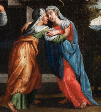 Zdjęcie nr 49: Ołtarz ustawiony na kamiennym podwyższeniu, przyścienny, architektoniczny, jednoosiowy, dwukondygnacyjny ze zwieńczeniem. Podstawa ołtarza skrzyniowa, na niej kamienna mensa z centralnie umieszczonym portatylem. Antepedium późne (secesyjne), datowane na odwrocie „1914”, ozdobione figurą anioła trzymającego wstęgę z napisem „AVE MARIA” i rzeźbionym ornamentem ze złoconych liści winogron i srebrzonych lilii. Retabulum jest flankowane dwiema parami ustawionych uskokowo i osadzonych na wysokich cokołach kolumn kompozytowych, ozdobionych główkami aniołków ujętych dekoracją małżowinową. Kolumny dźwigają belkowanie z wydatnym, przełamującym się gzymsem ozdobionym ornamentem małżowinowym. Nad belkowaniem trójkątny przyczółek z rzeźbioną figurą Boga Ojca w polu tympanonu i figurami aniołów na jego bokach. Druga kondygnacja ołtarza jest flankowana pojedynczymi kolumienkami i kanelowanymi pilasterkami korynckimi, ustawionymi na wysokich cokołach. Boki ozdobione uszami w kształcie małżowiny. Na zewnątrz kolumn, na osiach kolumn zewnętrznych niższej kondygnacji, ustawione na impostach figury: św. Kazimierza po lewej stronie, św. Stanisława po prawej. Kolumny podpierają belkowanie z przełamującym się gzymsem ozdobionym ornamentem małżowinowym, ponad którym zwieńczenie w formie przyczółka odcinkowego przerwanego. Łuk przyczółka profilowany z uskokami, dekorowany ornamentem małżowinowym. Pośrodku zwieńczenia, w przerwanym przyczółku rzeźba św. Michała Archanioła, ustawiona na wysokim cokole z dekoracją w formie bukietu granatów otoczonych liśćmi akantu. Po bokach, na osiach kolumn rzeźbione figury: św. Barbary po lewej stronie i św. Jana Chrzciciela po stronie prawej. Pomiędzy impostami kolumn, w predelli profilowana płycina w kształcie leżącego prostokąta z wyciętymi uskokowo górnymi narożnikami. W niej obraz olejny na płótnie (przyklejony do struktury) ze sceną Nawiedzenia św. Elżbiety. W polu środkowym pierwszej kondygnacji obraz z przedstawieniem Najświętszego Serca Pana Jezusa w profilowanej ramie w kształcie stojącego prostokąta, ozdobionej ornamentem małżowinowym. W drugiej kondygnacji  pole środkowe w kształcie prostokąta leżącego (zbliżonego do kwadratu), obwiedzione frezowaną ramką, z wpisaną w nią ramą o kształcie oktagonalnym, profilowaną i ozdobioną ornamentem małżowinowym, z obrazem przedstawiającym św. Antoniego. Strukturę retabulum, a także prostokątne płyciny zdobiące cokoły i tło kolumn, podkreślają frezowane ramki. Kolumny, pilastry, kapitele, ornamenty, obramienia płycin i belkowania, frezowane ramki złocone. Ramy obrazów złocone i polichromowane. Rzeźby złocone, srebrzone i polichromowane. 