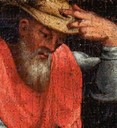 Zdjęcie nr 58: Ołtarz ustawiony na kamiennym podwyższeniu, przyścienny, architektoniczny, jednoosiowy, dwukondygnacyjny ze zwieńczeniem. Podstawa ołtarza skrzyniowa, na niej kamienna mensa z centralnie umieszczonym portatylem. Antepedium późne (secesyjne), datowane na odwrocie „1914”, ozdobione figurą anioła trzymającego wstęgę z napisem „AVE MARIA” i rzeźbionym ornamentem ze złoconych liści winogron i srebrzonych lilii. Retabulum jest flankowane dwiema parami ustawionych uskokowo i osadzonych na wysokich cokołach kolumn kompozytowych, ozdobionych główkami aniołków ujętych dekoracją małżowinową. Kolumny dźwigają belkowanie z wydatnym, przełamującym się gzymsem ozdobionym ornamentem małżowinowym. Nad belkowaniem trójkątny przyczółek z rzeźbioną figurą Boga Ojca w polu tympanonu i figurami aniołów na jego bokach. Druga kondygnacja ołtarza jest flankowana pojedynczymi kolumienkami i kanelowanymi pilasterkami korynckimi, ustawionymi na wysokich cokołach. Boki ozdobione uszami w kształcie małżowiny. Na zewnątrz kolumn, na osiach kolumn zewnętrznych niższej kondygnacji, ustawione na impostach figury: św. Kazimierza po lewej stronie, św. Stanisława po prawej. Kolumny podpierają belkowanie z przełamującym się gzymsem ozdobionym ornamentem małżowinowym, ponad którym zwieńczenie w formie przyczółka odcinkowego przerwanego. Łuk przyczółka profilowany z uskokami, dekorowany ornamentem małżowinowym. Pośrodku zwieńczenia, w przerwanym przyczółku rzeźba św. Michała Archanioła, ustawiona na wysokim cokole z dekoracją w formie bukietu granatów otoczonych liśćmi akantu. Po bokach, na osiach kolumn rzeźbione figury: św. Barbary po lewej stronie i św. Jana Chrzciciela po stronie prawej. Pomiędzy impostami kolumn, w predelli profilowana płycina w kształcie leżącego prostokąta z wyciętymi uskokowo górnymi narożnikami. W niej obraz olejny na płótnie (przyklejony do struktury) ze sceną Nawiedzenia św. Elżbiety. W polu środkowym pierwszej kondygnacji obraz z przedstawieniem Najświętszego Serca Pana Jezusa w profilowanej ramie w kształcie stojącego prostokąta, ozdobionej ornamentem małżowinowym. W drugiej kondygnacji  pole środkowe w kształcie prostokąta leżącego (zbliżonego do kwadratu), obwiedzione frezowaną ramką, z wpisaną w nią ramą o kształcie oktagonalnym, profilowaną i ozdobioną ornamentem małżowinowym, z obrazem przedstawiającym św. Antoniego. Strukturę retabulum, a także prostokątne płyciny zdobiące cokoły i tło kolumn, podkreślają frezowane ramki. Kolumny, pilastry, kapitele, ornamenty, obramienia płycin i belkowania, frezowane ramki złocone. Ramy obrazów złocone i polichromowane. Rzeźby złocone, srebrzone i polichromowane. 