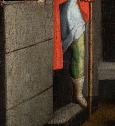 Zdjęcie nr 55: Ołtarz ustawiony na kamiennym podwyższeniu, przyścienny, architektoniczny, jednoosiowy, dwukondygnacyjny ze zwieńczeniem. Podstawa ołtarza skrzyniowa, na niej kamienna mensa z centralnie umieszczonym portatylem. Antepedium późne (secesyjne), datowane na odwrocie „1914”, ozdobione figurą anioła trzymającego wstęgę z napisem „AVE MARIA” i rzeźbionym ornamentem ze złoconych liści winogron i srebrzonych lilii. Retabulum jest flankowane dwiema parami ustawionych uskokowo i osadzonych na wysokich cokołach kolumn kompozytowych, ozdobionych główkami aniołków ujętych dekoracją małżowinową. Kolumny dźwigają belkowanie z wydatnym, przełamującym się gzymsem ozdobionym ornamentem małżowinowym. Nad belkowaniem trójkątny przyczółek z rzeźbioną figurą Boga Ojca w polu tympanonu i figurami aniołów na jego bokach. Druga kondygnacja ołtarza jest flankowana pojedynczymi kolumienkami i kanelowanymi pilasterkami korynckimi, ustawionymi na wysokich cokołach. Boki ozdobione uszami w kształcie małżowiny. Na zewnątrz kolumn, na osiach kolumn zewnętrznych niższej kondygnacji, ustawione na impostach figury: św. Kazimierza po lewej stronie, św. Stanisława po prawej. Kolumny podpierają belkowanie z przełamującym się gzymsem ozdobionym ornamentem małżowinowym, ponad którym zwieńczenie w formie przyczółka odcinkowego przerwanego. Łuk przyczółka profilowany z uskokami, dekorowany ornamentem małżowinowym. Pośrodku zwieńczenia, w przerwanym przyczółku rzeźba św. Michała Archanioła, ustawiona na wysokim cokole z dekoracją w formie bukietu granatów otoczonych liśćmi akantu. Po bokach, na osiach kolumn rzeźbione figury: św. Barbary po lewej stronie i św. Jana Chrzciciela po stronie prawej. Pomiędzy impostami kolumn, w predelli profilowana płycina w kształcie leżącego prostokąta z wyciętymi uskokowo górnymi narożnikami. W niej obraz olejny na płótnie (przyklejony do struktury) ze sceną Nawiedzenia św. Elżbiety. W polu środkowym pierwszej kondygnacji obraz z przedstawieniem Najświętszego Serca Pana Jezusa w profilowanej ramie w kształcie stojącego prostokąta, ozdobionej ornamentem małżowinowym. W drugiej kondygnacji  pole środkowe w kształcie prostokąta leżącego (zbliżonego do kwadratu), obwiedzione frezowaną ramką, z wpisaną w nią ramą o kształcie oktagonalnym, profilowaną i ozdobioną ornamentem małżowinowym, z obrazem przedstawiającym św. Antoniego. Strukturę retabulum, a także prostokątne płyciny zdobiące cokoły i tło kolumn, podkreślają frezowane ramki. Kolumny, pilastry, kapitele, ornamenty, obramienia płycin i belkowania, frezowane ramki złocone. Ramy obrazów złocone i polichromowane. Rzeźby złocone, srebrzone i polichromowane. 