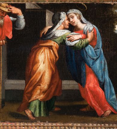 Zdjęcie nr 57: Ołtarz ustawiony na kamiennym podwyższeniu, przyścienny, architektoniczny, jednoosiowy, dwukondygnacyjny ze zwieńczeniem. Podstawa ołtarza skrzyniowa, na niej kamienna mensa z centralnie umieszczonym portatylem. Antepedium późne (secesyjne), datowane na odwrocie „1914”, ozdobione figurą anioła trzymającego wstęgę z napisem „AVE MARIA” i rzeźbionym ornamentem ze złoconych liści winogron i srebrzonych lilii. Retabulum jest flankowane dwiema parami ustawionych uskokowo i osadzonych na wysokich cokołach kolumn kompozytowych, ozdobionych główkami aniołków ujętych dekoracją małżowinową. Kolumny dźwigają belkowanie z wydatnym, przełamującym się gzymsem ozdobionym ornamentem małżowinowym. Nad belkowaniem trójkątny przyczółek z rzeźbioną figurą Boga Ojca w polu tympanonu i figurami aniołów na jego bokach. Druga kondygnacja ołtarza jest flankowana pojedynczymi kolumienkami i kanelowanymi pilasterkami korynckimi, ustawionymi na wysokich cokołach. Boki ozdobione uszami w kształcie małżowiny. Na zewnątrz kolumn, na osiach kolumn zewnętrznych niższej kondygnacji, ustawione na impostach figury: św. Kazimierza po lewej stronie, św. Stanisława po prawej. Kolumny podpierają belkowanie z przełamującym się gzymsem ozdobionym ornamentem małżowinowym, ponad którym zwieńczenie w formie przyczółka odcinkowego przerwanego. Łuk przyczółka profilowany z uskokami, dekorowany ornamentem małżowinowym. Pośrodku zwieńczenia, w przerwanym przyczółku rzeźba św. Michała Archanioła, ustawiona na wysokim cokole z dekoracją w formie bukietu granatów otoczonych liśćmi akantu. Po bokach, na osiach kolumn rzeźbione figury: św. Barbary po lewej stronie i św. Jana Chrzciciela po stronie prawej. Pomiędzy impostami kolumn, w predelli profilowana płycina w kształcie leżącego prostokąta z wyciętymi uskokowo górnymi narożnikami. W niej obraz olejny na płótnie (przyklejony do struktury) ze sceną Nawiedzenia św. Elżbiety. W polu środkowym pierwszej kondygnacji obraz z przedstawieniem Najświętszego Serca Pana Jezusa w profilowanej ramie w kształcie stojącego prostokąta, ozdobionej ornamentem małżowinowym. W drugiej kondygnacji  pole środkowe w kształcie prostokąta leżącego (zbliżonego do kwadratu), obwiedzione frezowaną ramką, z wpisaną w nią ramą o kształcie oktagonalnym, profilowaną i ozdobioną ornamentem małżowinowym, z obrazem przedstawiającym św. Antoniego. Strukturę retabulum, a także prostokątne płyciny zdobiące cokoły i tło kolumn, podkreślają frezowane ramki. Kolumny, pilastry, kapitele, ornamenty, obramienia płycin i belkowania, frezowane ramki złocone. Ramy obrazów złocone i polichromowane. Rzeźby złocone, srebrzone i polichromowane. 