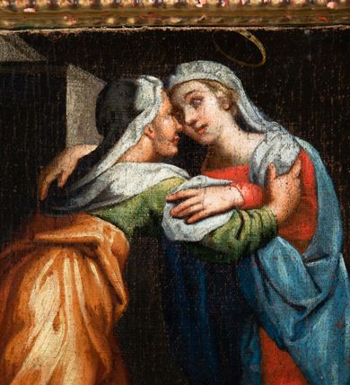 Zdjęcie nr 53: Ołtarz ustawiony na kamiennym podwyższeniu, przyścienny, architektoniczny, jednoosiowy, dwukondygnacyjny ze zwieńczeniem. Podstawa ołtarza skrzyniowa, na niej kamienna mensa z centralnie umieszczonym portatylem. Antepedium późne (secesyjne), datowane na odwrocie „1914”, ozdobione figurą anioła trzymającego wstęgę z napisem „AVE MARIA” i rzeźbionym ornamentem ze złoconych liści winogron i srebrzonych lilii. Retabulum jest flankowane dwiema parami ustawionych uskokowo i osadzonych na wysokich cokołach kolumn kompozytowych, ozdobionych główkami aniołków ujętych dekoracją małżowinową. Kolumny dźwigają belkowanie z wydatnym, przełamującym się gzymsem ozdobionym ornamentem małżowinowym. Nad belkowaniem trójkątny przyczółek z rzeźbioną figurą Boga Ojca w polu tympanonu i figurami aniołów na jego bokach. Druga kondygnacja ołtarza jest flankowana pojedynczymi kolumienkami i kanelowanymi pilasterkami korynckimi, ustawionymi na wysokich cokołach. Boki ozdobione uszami w kształcie małżowiny. Na zewnątrz kolumn, na osiach kolumn zewnętrznych niższej kondygnacji, ustawione na impostach figury: św. Kazimierza po lewej stronie, św. Stanisława po prawej. Kolumny podpierają belkowanie z przełamującym się gzymsem ozdobionym ornamentem małżowinowym, ponad którym zwieńczenie w formie przyczółka odcinkowego przerwanego. Łuk przyczółka profilowany z uskokami, dekorowany ornamentem małżowinowym. Pośrodku zwieńczenia, w przerwanym przyczółku rzeźba św. Michała Archanioła, ustawiona na wysokim cokole z dekoracją w formie bukietu granatów otoczonych liśćmi akantu. Po bokach, na osiach kolumn rzeźbione figury: św. Barbary po lewej stronie i św. Jana Chrzciciela po stronie prawej. Pomiędzy impostami kolumn, w predelli profilowana płycina w kształcie leżącego prostokąta z wyciętymi uskokowo górnymi narożnikami. W niej obraz olejny na płótnie (przyklejony do struktury) ze sceną Nawiedzenia św. Elżbiety. W polu środkowym pierwszej kondygnacji obraz z przedstawieniem Najświętszego Serca Pana Jezusa w profilowanej ramie w kształcie stojącego prostokąta, ozdobionej ornamentem małżowinowym. W drugiej kondygnacji  pole środkowe w kształcie prostokąta leżącego (zbliżonego do kwadratu), obwiedzione frezowaną ramką, z wpisaną w nią ramą o kształcie oktagonalnym, profilowaną i ozdobioną ornamentem małżowinowym, z obrazem przedstawiającym św. Antoniego. Strukturę retabulum, a także prostokątne płyciny zdobiące cokoły i tło kolumn, podkreślają frezowane ramki. Kolumny, pilastry, kapitele, ornamenty, obramienia płycin i belkowania, frezowane ramki złocone. Ramy obrazów złocone i polichromowane. Rzeźby złocone, srebrzone i polichromowane. 