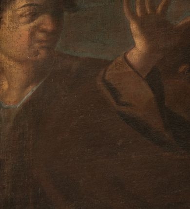 Zdjęcie nr 5: Obraz o kształcie leżącego prostokąta przedstawiający Mojżesza przyjmującego zwiadowców do Ziemi Obiecanej. Mojżesz ukazany z lewej strony obrazu, całopostaciowo, frontalnie, w pozycji stojącej, z głową zwróconą ku wysłannikom. Jego prawa ręka jest uniesiona i odwiedziona od ciała, a lewa na wysokości pasa przytrzymuje brązowy, bogato udrapowany płaszcz oraz berło. Po lewej stronie, w tle za Mojżeszem, przedstawiona frontalnie postać Izraelity w długiej ciemnobrązowej szacie z głową zwróconą ku lewemu ramieniu, patrzącego w stronę Mojżesza. W centrum kompozycji znajduje się postać klęczącego wysłannika, ubranego w ciemną tunikę i ciemnoczerwone spodnie. Jego głowa jest odchylona do tyłu, twarz zwrócona w prawo, w kierunku Mojżesza. W prawej ręce wyciągniętej ku przodowi trzyma owoce granatu, a lewą wskazuje na dwóch towarzyszy dźwigających na ramionach drąg z zawieszonymi kiściami winogron. Obaj mężczyźni są ukazani w całej postaci. Pierwszy, Kaleb, z nagim torsem, okrytą głową i twarzą ukazaną z profilu, zwróconą ku towarzyszowi, dźwiga drąg, który  podtrzymuje przy ramieniu prawą ręką, a lewą obejmuje jego koniec. Jego prawa noga jest mocno wysunięta do przodu, wokół bioder ma udrapowany ciemnozielony płaszcz, sięgający poniżej kolan. Drugi Beniamin Jozue ubrany jest w ciemnobłękitną tunikę i krótkie czerwone spodnie. Znajduje się nieco głębiej kompozycji, w momencie wchodzenia na wzniesienie, z ciałem skierowanym ku towarzyszowi. Jego głowa jest pochylona do przodu i zwrócona w kierunku Mojżesza. Prawą rękę unosi w kierunku lewego ramienia, ku przodowi wysuwa prawą nogę. W głębi obrazu pomiędzy wysłannikami, wyłaniające się zza wzniesienia trzy postaci w hełmach na głowach. W tle pejzaż z zachmurzonym niebem. Kolorystyka obrazu stonowana, ciepła, nasycona, z przewagą brązów i czerwieni. Rama drewniana, profilowana, wąska.