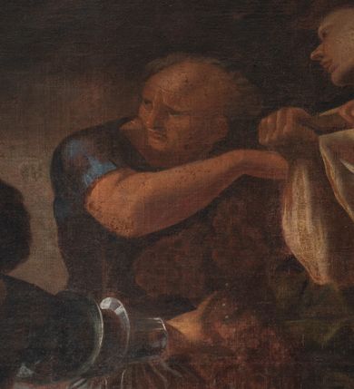 Zdjęcie nr 3: Obraz o kształcie leżącego prostokąta przedstawiający Mojżesza przyjmującego zwiadowców do Ziemi Obiecanej. Mojżesz ukazany z lewej strony obrazu, całopostaciowo, frontalnie, w pozycji stojącej, z głową zwróconą ku wysłannikom. Jego prawa ręka jest uniesiona i odwiedziona od ciała, a lewa na wysokości pasa przytrzymuje brązowy, bogato udrapowany płaszcz oraz berło. Po lewej stronie, w tle za Mojżeszem, przedstawiona frontalnie postać Izraelity w długiej ciemnobrązowej szacie z głową zwróconą ku lewemu ramieniu, patrzącego w stronę Mojżesza. W centrum kompozycji znajduje się postać klęczącego wysłannika, ubranego w ciemną tunikę i ciemnoczerwone spodnie. Jego głowa jest odchylona do tyłu, twarz zwrócona w prawo, w kierunku Mojżesza. W prawej ręce wyciągniętej ku przodowi trzyma owoce granatu, a lewą wskazuje na dwóch towarzyszy dźwigających na ramionach drąg z zawieszonymi kiściami winogron. Obaj mężczyźni są ukazani w całej postaci. Pierwszy, Kaleb, z nagim torsem, okrytą głową i twarzą ukazaną z profilu, zwróconą ku towarzyszowi, dźwiga drąg, który  podtrzymuje przy ramieniu prawą ręką, a lewą obejmuje jego koniec. Jego prawa noga jest mocno wysunięta do przodu, wokół bioder ma udrapowany ciemnozielony płaszcz, sięgający poniżej kolan. Drugi Beniamin Jozue ubrany jest w ciemnobłękitną tunikę i krótkie czerwone spodnie. Znajduje się nieco głębiej kompozycji, w momencie wchodzenia na wzniesienie, z ciałem skierowanym ku towarzyszowi. Jego głowa jest pochylona do przodu i zwrócona w kierunku Mojżesza. Prawą rękę unosi w kierunku lewego ramienia, ku przodowi wysuwa prawą nogę. W głębi obrazu pomiędzy wysłannikami, wyłaniające się zza wzniesienia trzy postaci w hełmach na głowach. W tle pejzaż z zachmurzonym niebem. Kolorystyka obrazu stonowana, ciepła, nasycona, z przewagą brązów i czerwieni. Rama drewniana, profilowana, wąska.